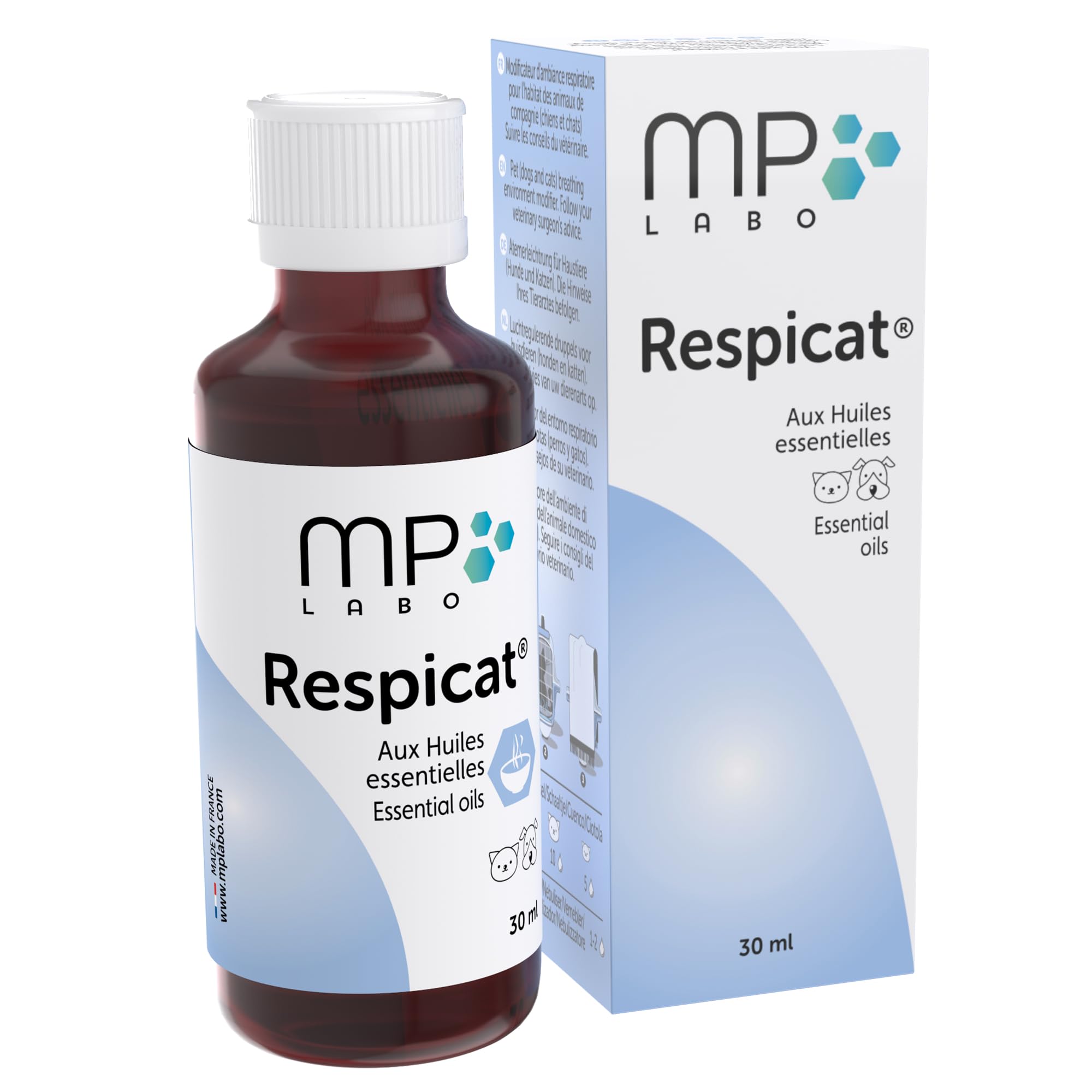 MP Labo Respicat® 30 ml - con Oli Essenziali - Modificatore dell'ambiente respiratorio nell'habitat degli Animali Domestici - Cani e Gatti