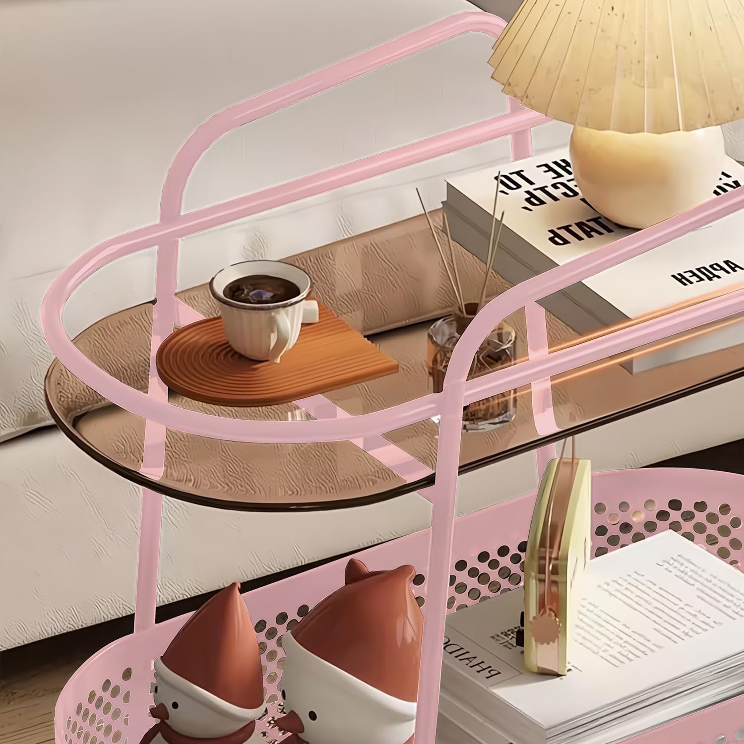 2-Tier Bar Carts with Storage Basket, Modern Rolling Storage Shelves with Wheels and Glass Holder, Metal Round Mobile Bar Serving Cart for Home, Bistro, Kitchen, Living Room, Dining Room (Pink)