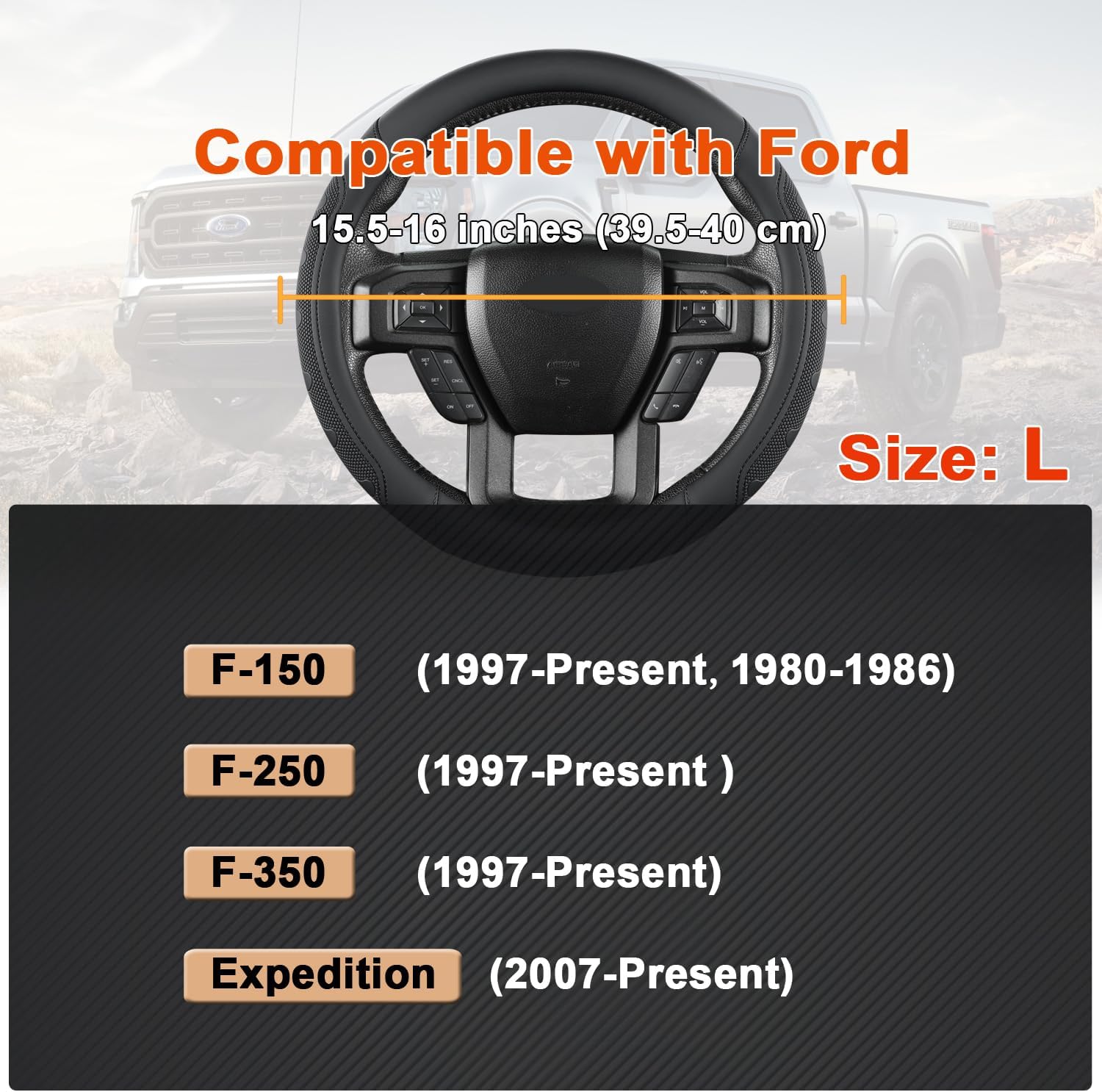 GIANT PANDA Car Steering Wheel Cover for Ford - F150 F250 F350 Expedition, (15.5-16 inches - Black)