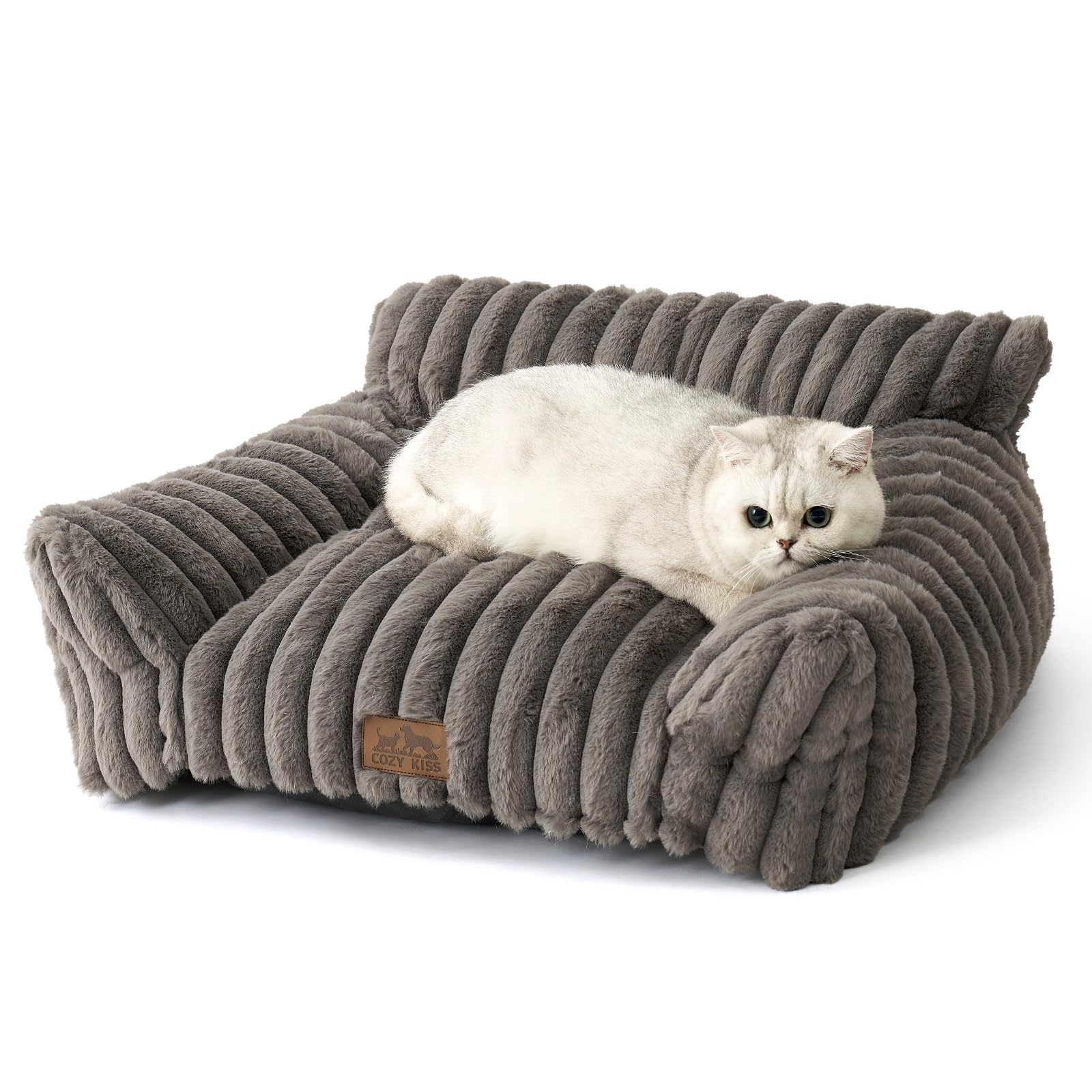 COZY KISS Orthopädisches XL Katzenbett - 80x60x33cm Cord-Kunstfell Hundebett-Sofa für Haushalte mit Mehreren Katzen und Kleine Hunde, Kuscheliges Waschbare Katzensofa mit Kopf- und Nackenstütze, Grau