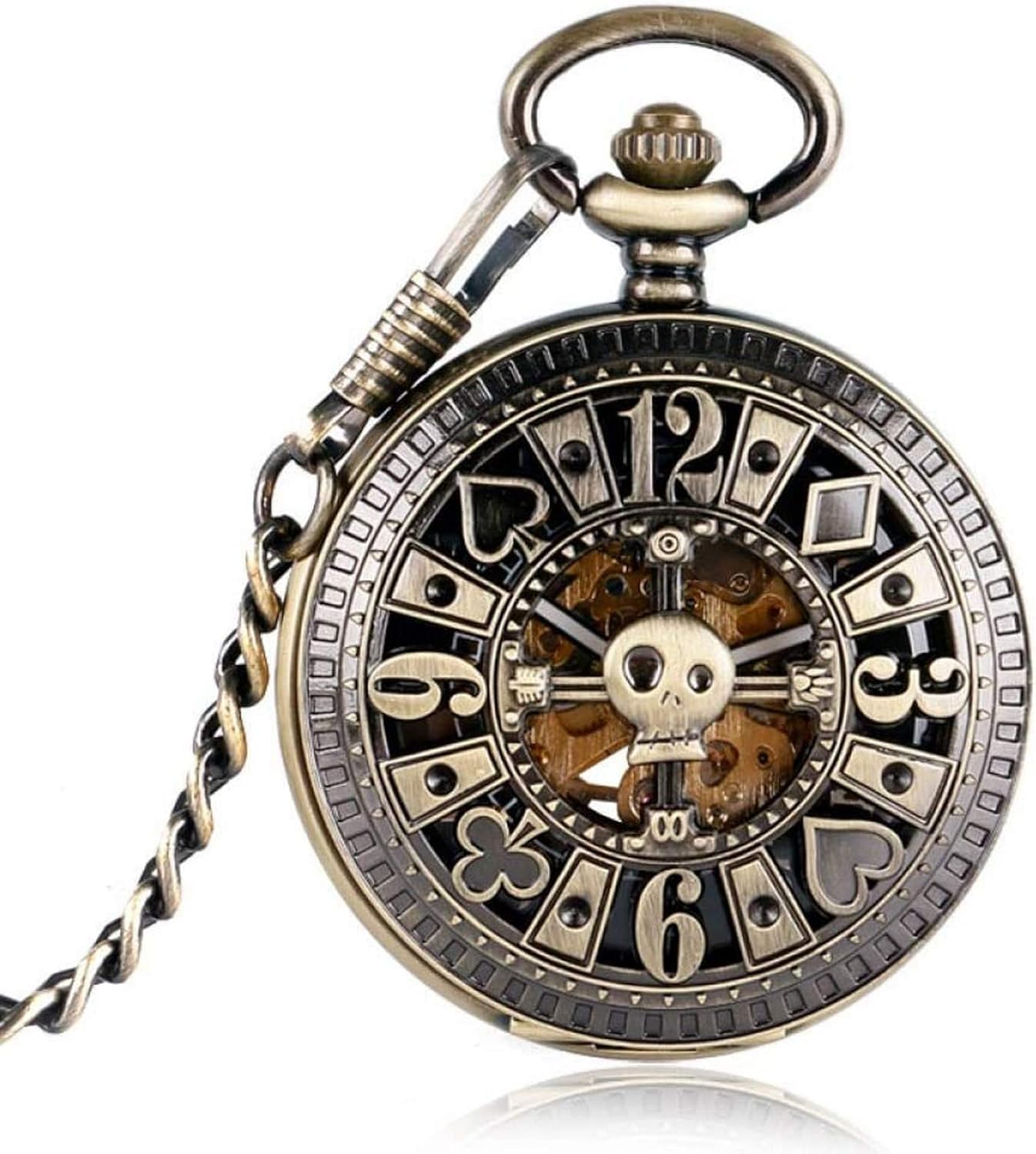 Fob Automatik Mechanischer Poker Hohler Anhänger Bronze Taschenuhren Mit Kette Männer Frauen Skelettuhr Taschenuhr Geschenke