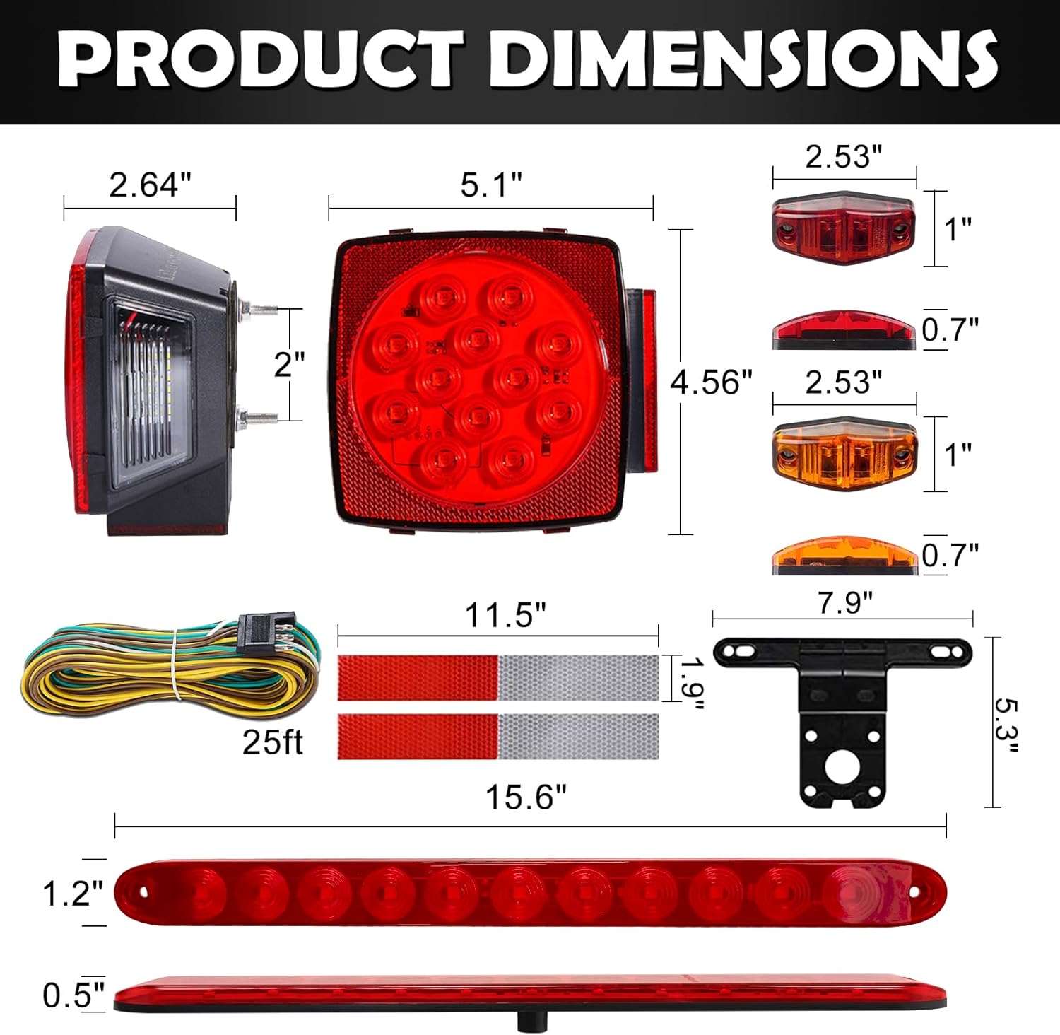 Complete LED Trailer Light Kit - Submersible Boat LED Lights with Square Tail Lights, Marker Lights, Brake Light Bar, Wiring Harness - Ideal for Trailers, Trucks, Boats