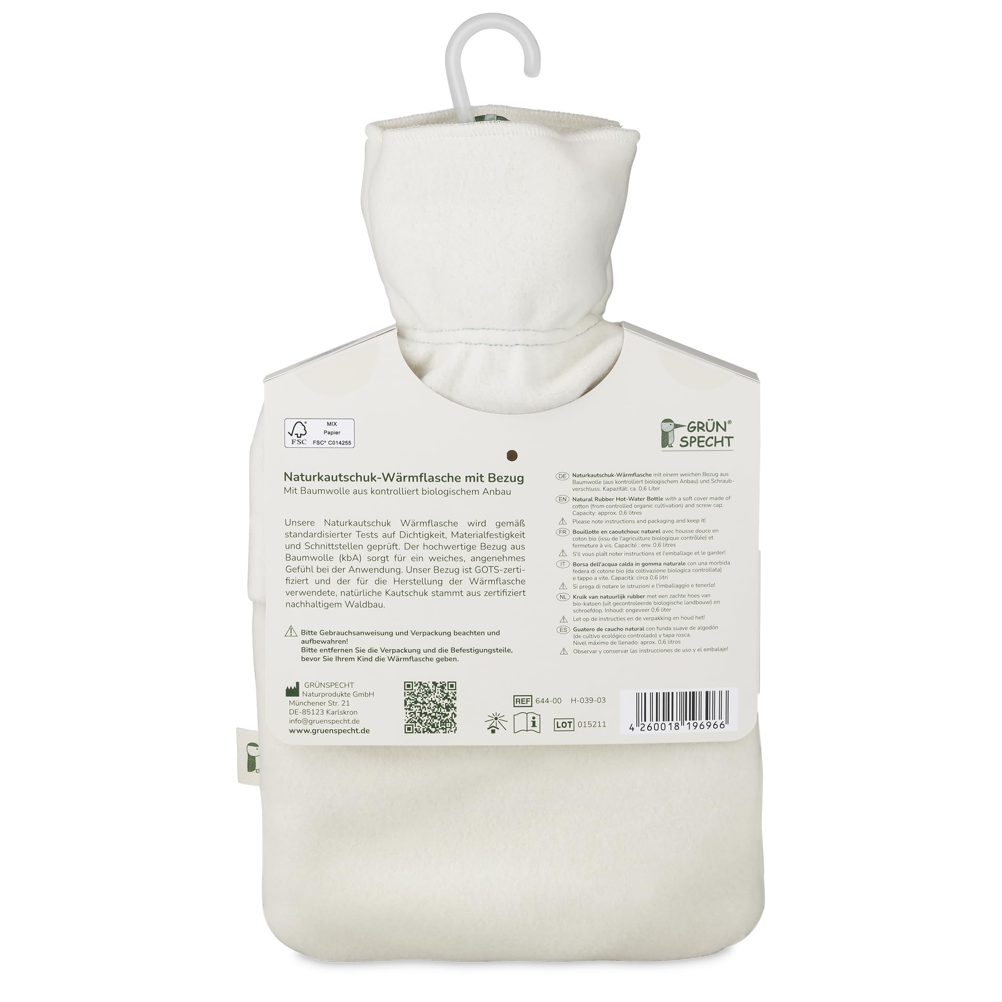 GRÜNSPECHT Botella de agua caliente de caucho natural con funda ecológica blanca 100% algodón GOTS, pequeña, para niños y adultos (644-00)