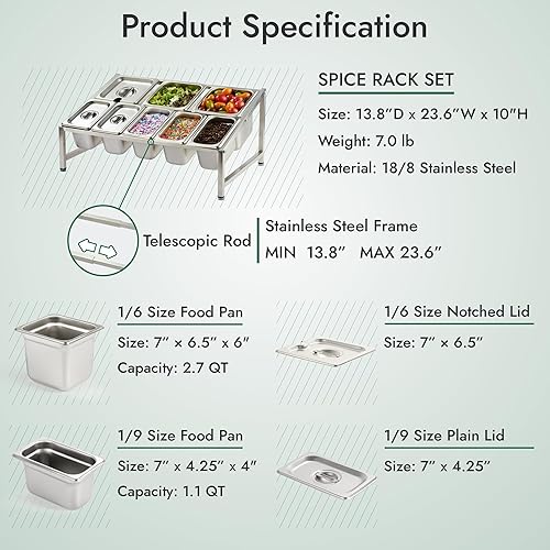 Vista 19 de CURTA Juego de estante de especias expandible de acero inoxidable 18/8, certificado NSF, estante organizador inclinado de 2 niveles con bandeja