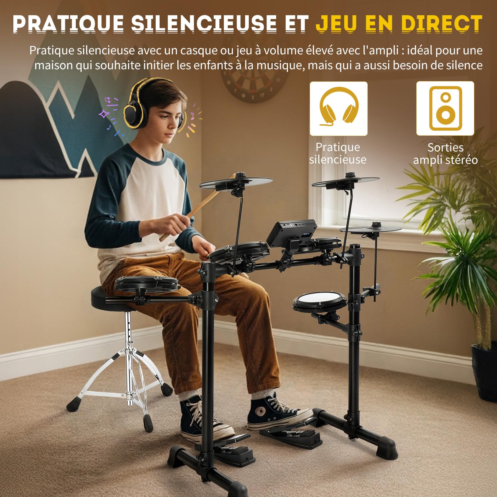 LEADZM Batterie Électronique Débutant Professionnelle, Kit de Batterie Numérique 6.5 in avec Baguettes et Trône de Tambour, 15 Sets de Batterie, 150 Sons, 10 Demo Songs, USB MIDI