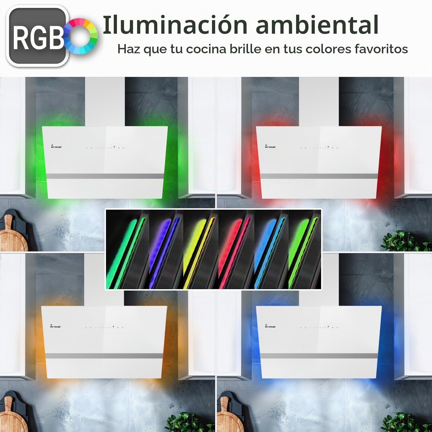 KKT KOLBE campana extractora 80 cm | 782 m³/h de drenaje y circulación | sin cabeza | montado en la pared | vidrio blanco | aplicación WiFi inteligente WLAN | Iluminación LED RGBW | EASY8005WM
