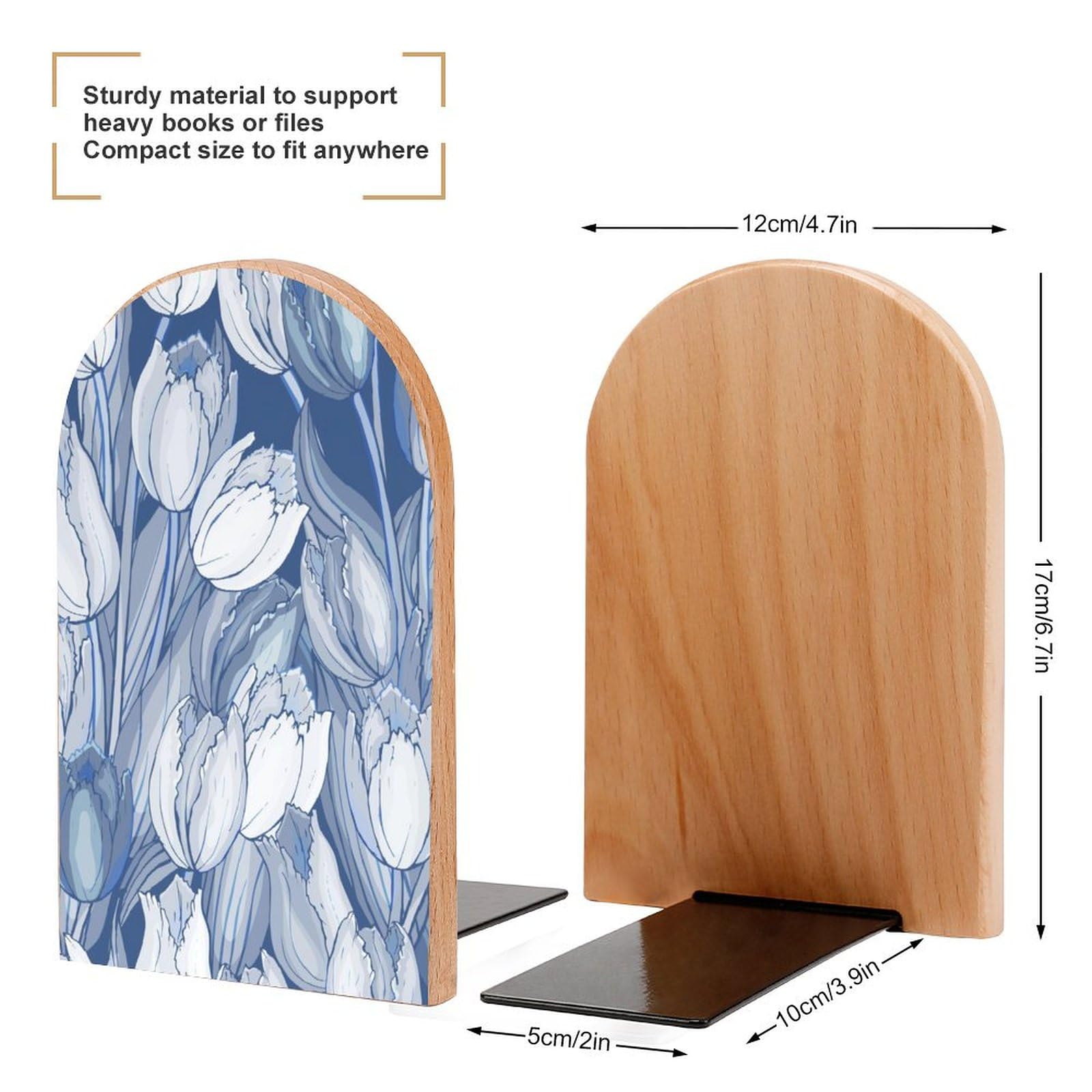 Blue-Tulips-Floral-Pattern Wood Decorative Large Book Ends for Shelves to Hold Books Heavy Duty Non-Slip Book Stoppers Office Home