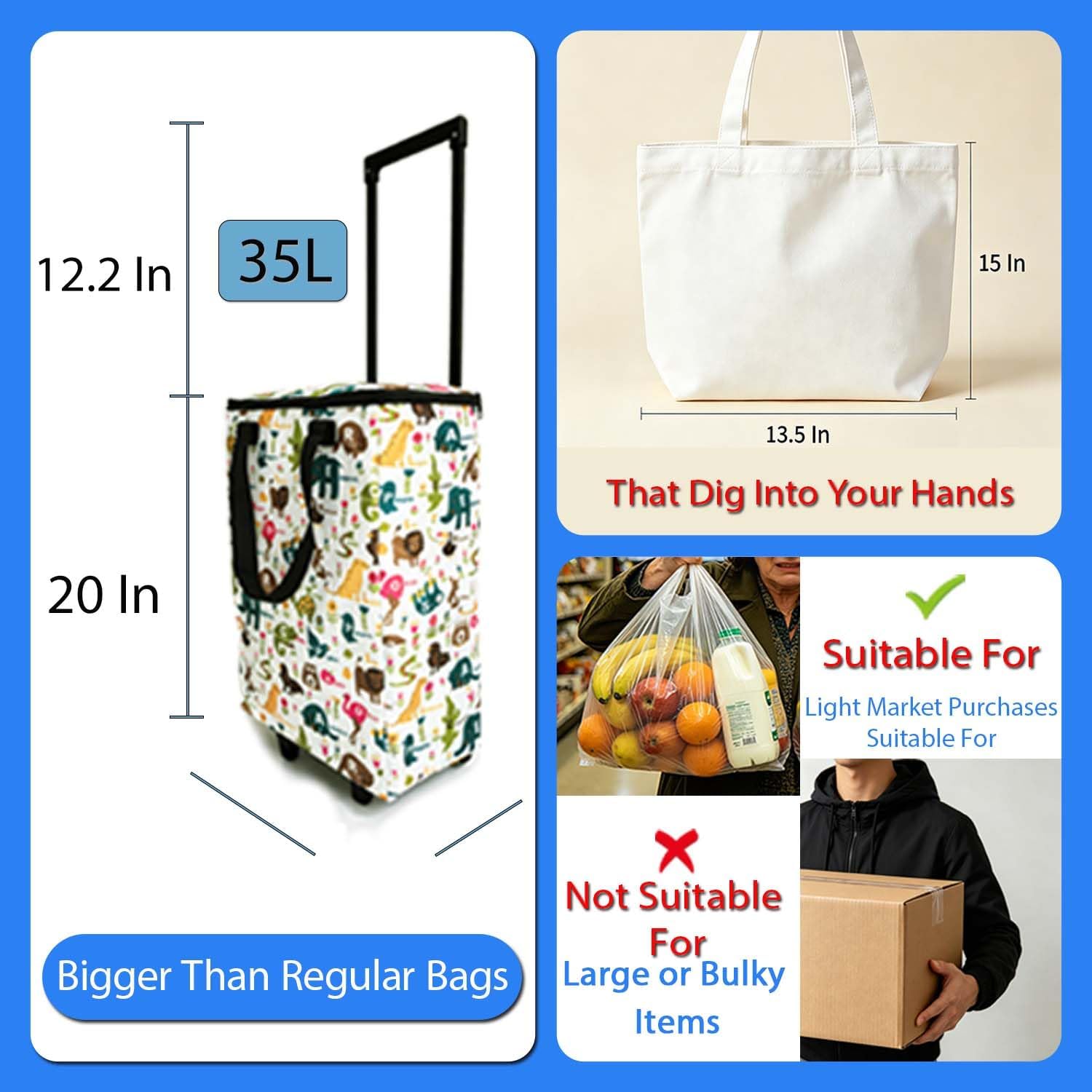Folding Shopping Cart With Wheels for Groceries,Small Rolling Grocery Cart with Insulation Layer,Portable Tote Bag on Wheels With Pull Handle zipper seal,Lightweight White