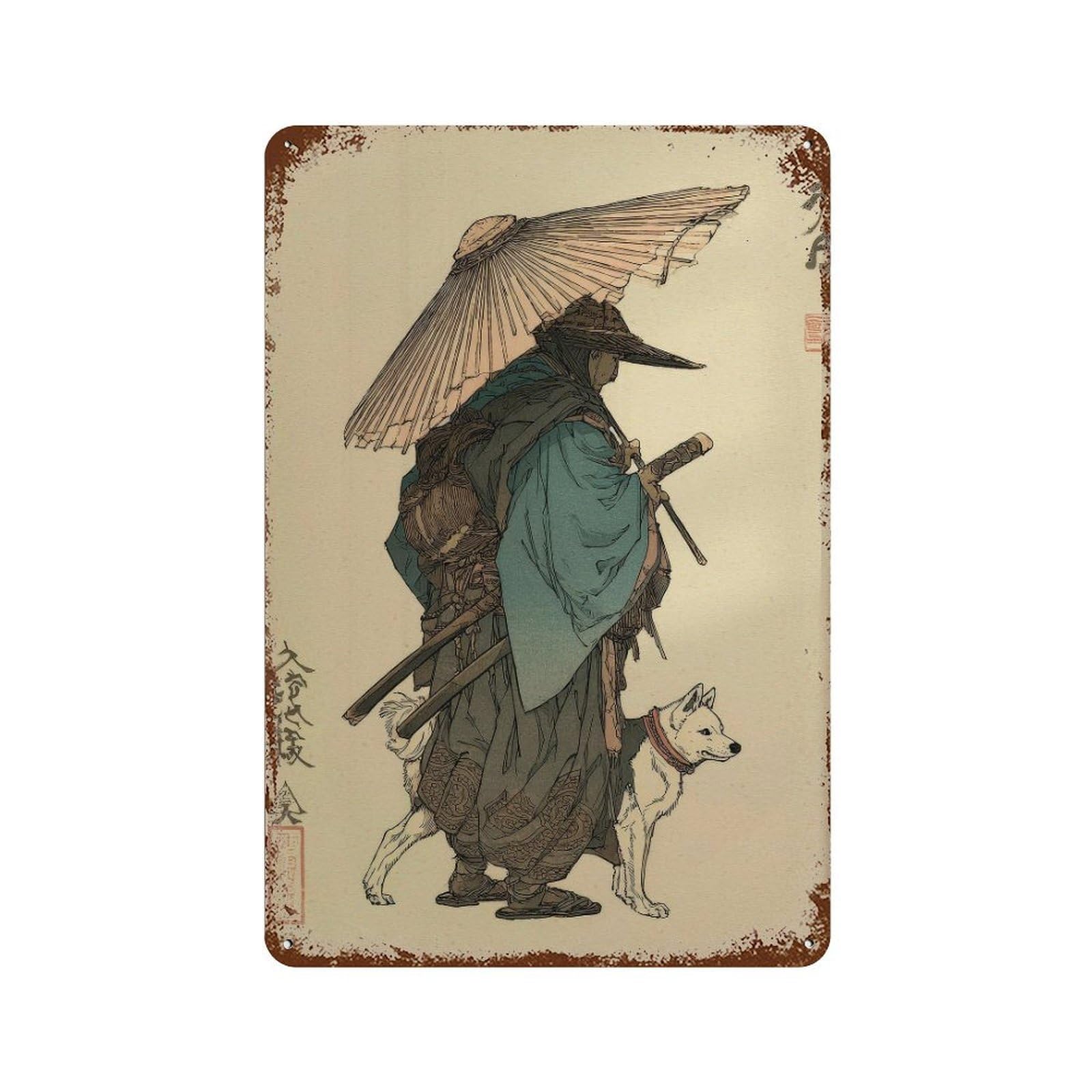 xiaoxiaoshen Japanese Samurai With Dog. Ukiyo Wall Decor Art Metal Tin Poster Modern Home Decor Art Home Bar Shop Decorations Vintage Sign 30x20cm