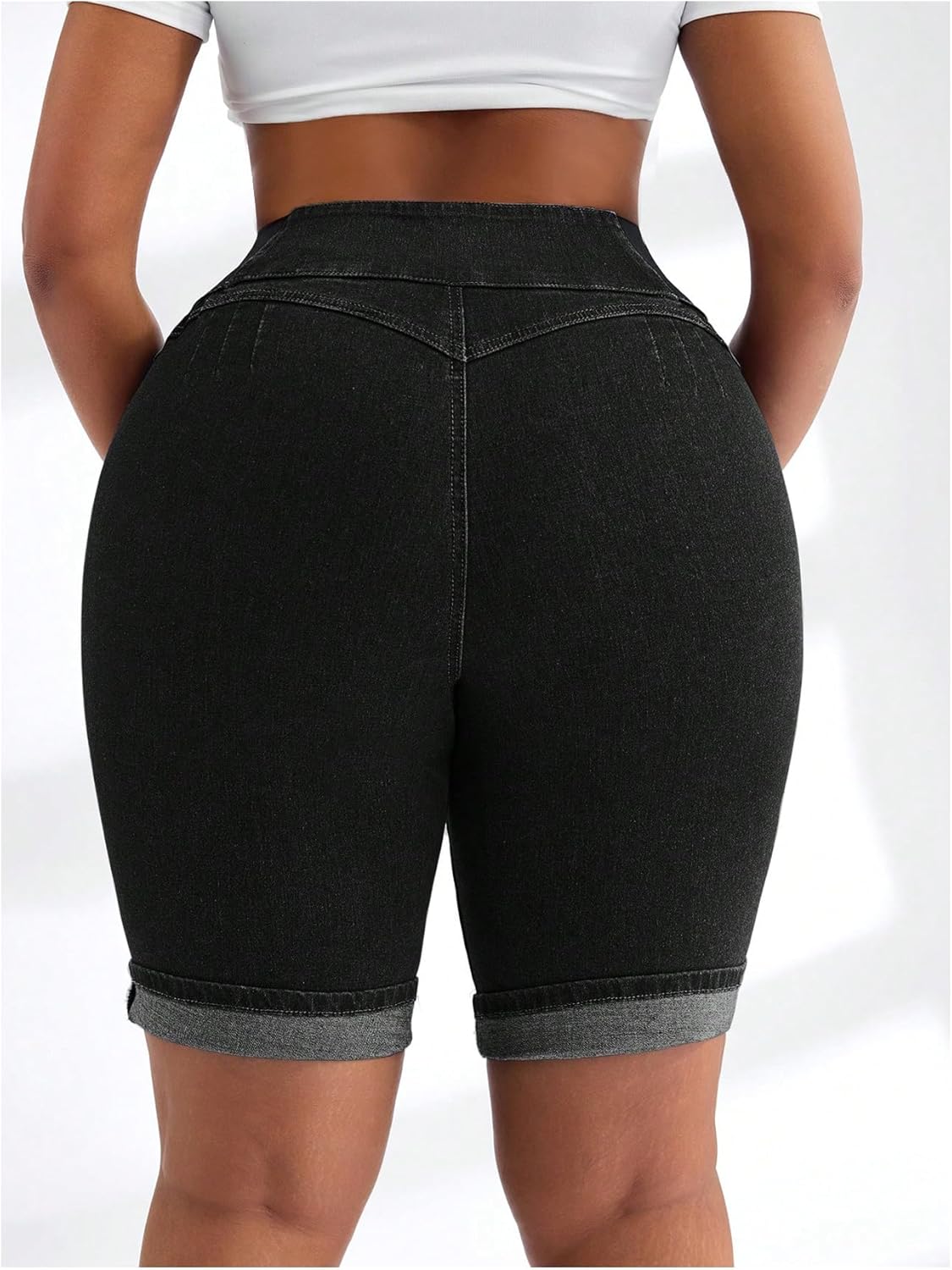 GORGLITTER Women's Plus Size Jean Shorts Stretchy High Waist Roll Hem Denim Bermuda Shorts Bottoms Dressy Casual - Image 2