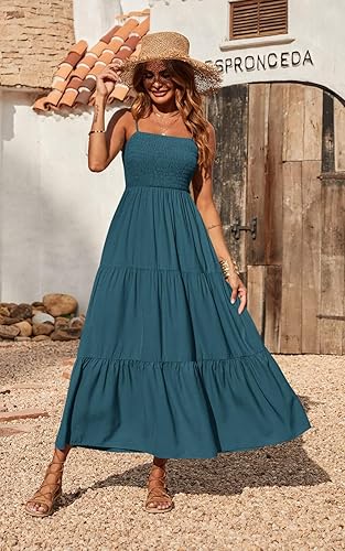 Miniatura 2 de Vestido largo de verano para mujer de PRETTYGARDEN, casual, bohemio, sin mangas, con tirantes delgados, fruncido, para playa, para el sol.