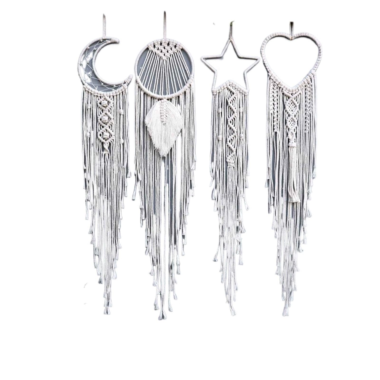 4 unids/Set macramé atrapasueños Luna Estrella Forma de corazón Redondo Adorno Colgante en la Pared decoración del hogar para El Dormitorio(Beige)