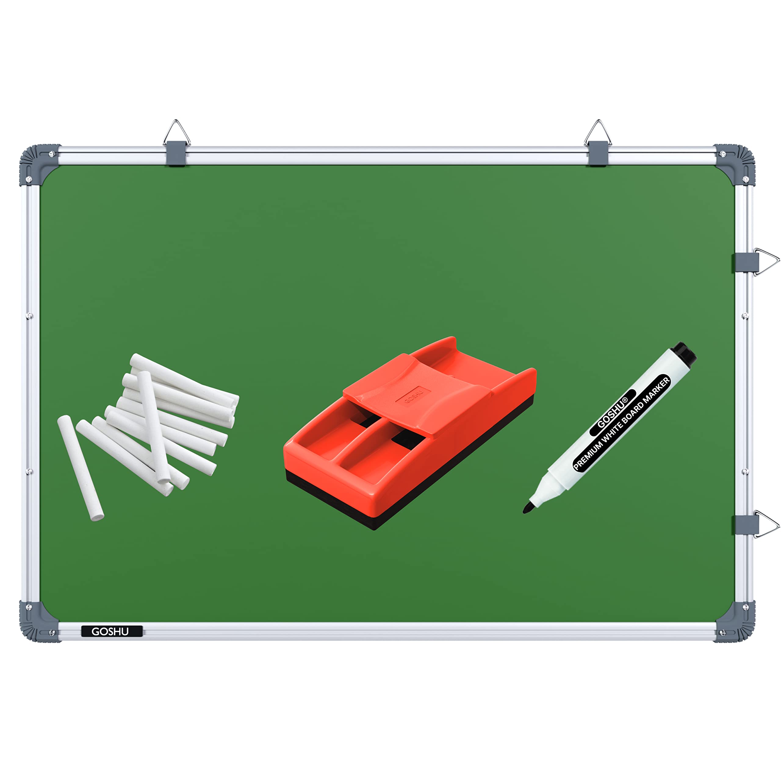 GOSHU 1.5x2 feet Non-Magnetic Double Sided Green-White Board with Duster and Marker & 10 Dust-Free Chalk| White Marker Board Surface On Back Side | Sliding Hanging Clips with 4-Hnging Clips