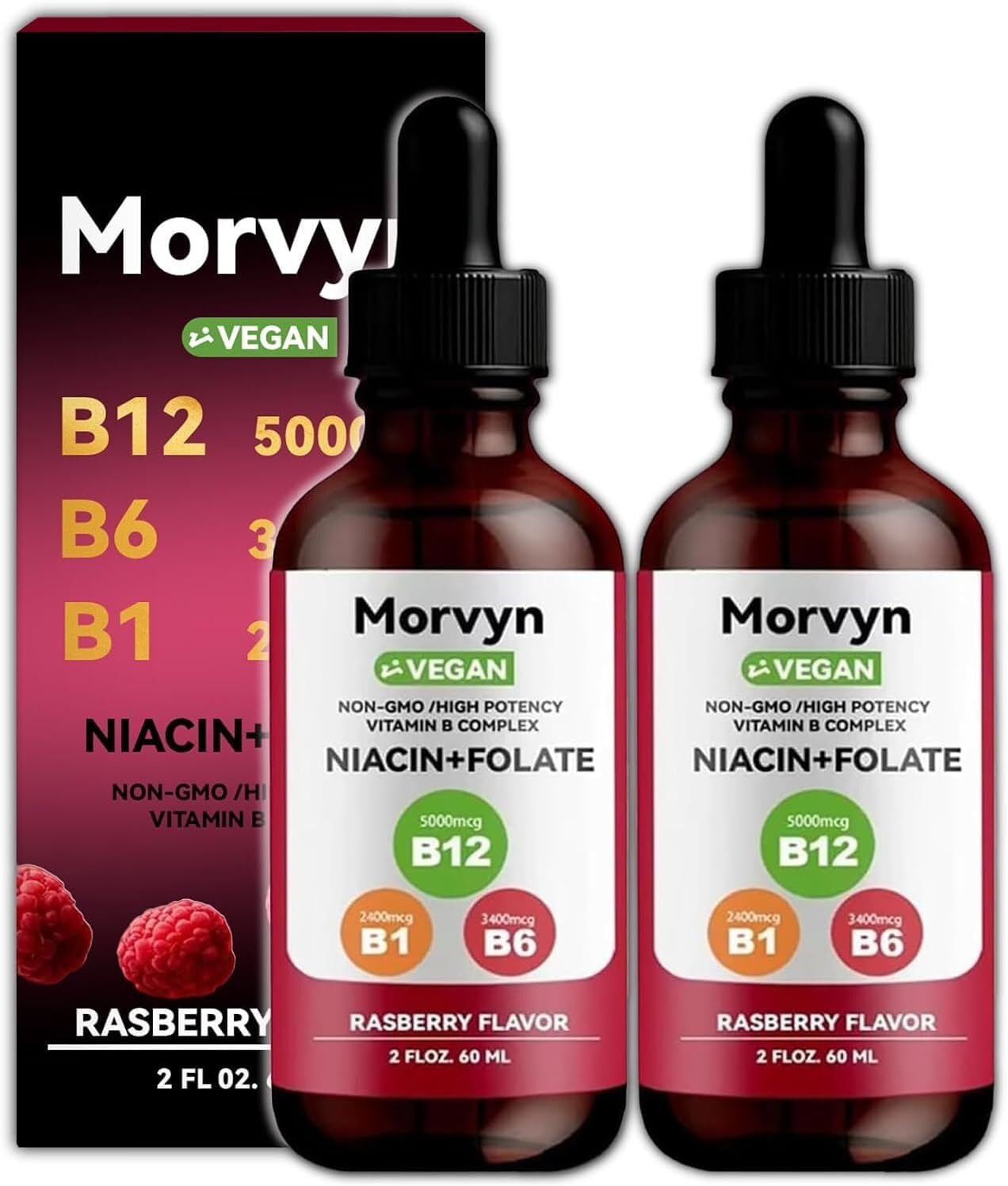 Morvyn Essential Vitamin Liquid Drops | 5-in-1 Vitamin B Complex Liquid Drops | B12 B6 B1 Drops - 60ml (2pcs)