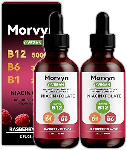 Morvyn Gotas líquidas de vitamina esencial  Gotas líquidas de complejo de vitamina B 5 en 1  Gotas B12 B6 B1 - 2.0 fl oz (2 unidades)