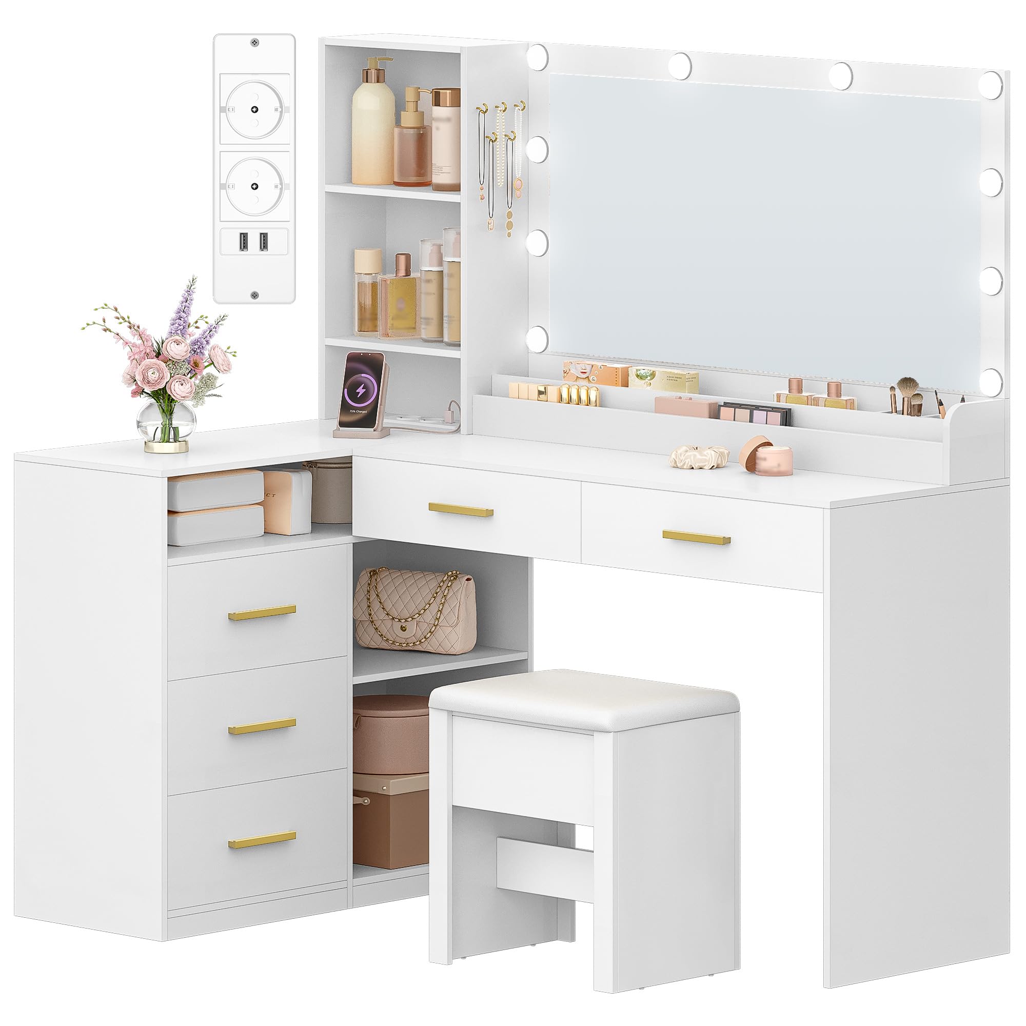 HEXCELEN Tocador de Maquillaje con Espejo LED, Brillo Ajustable, Mesa de Maquillaje con Toma de Corriente, Tocador con Taburete, 5 Cajones, Estantes de Almacenamiento, 40 × 120 × 139 cm, Blanco