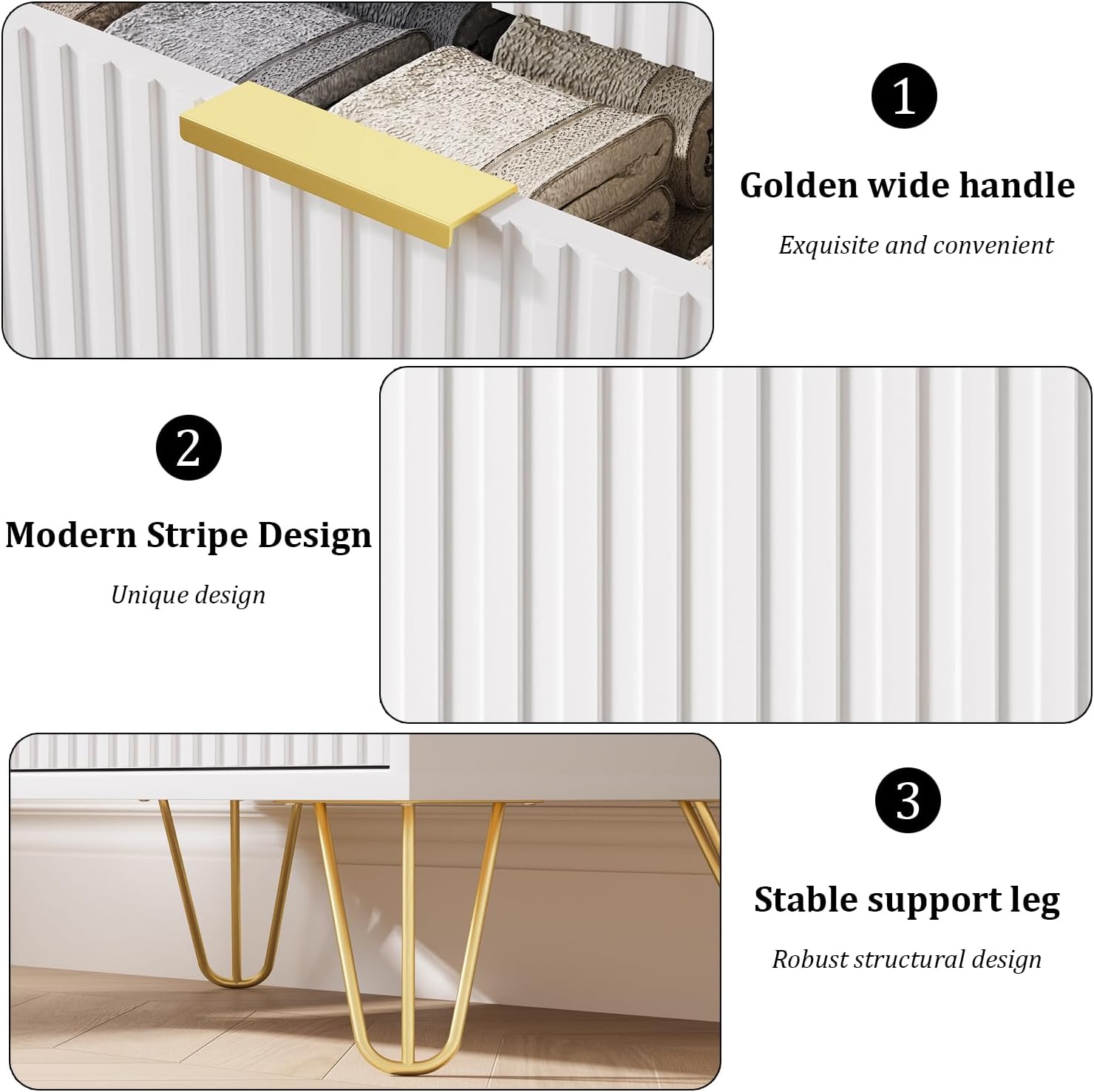 White 3 Drawer Dresser for Bedroom, Modern Closet Dressers Chest of Drawers, Fluted Dresser Chest Cabinet with Gold Metal Handles, Nightstand for Bedroom, Living Room, Hallway, Entryway