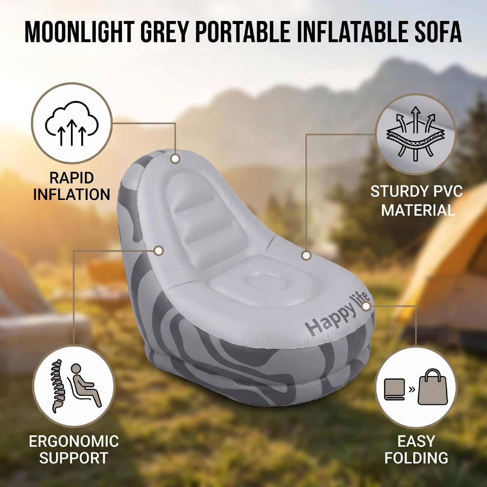 Generic Nadmuchiwana Sofa Zewnętrzna Wygodny Fotel Wypoczynkowy na Festiwale Muzyczne na Kempingu Biuro w Domu PVC Moonlight Grey 1x
