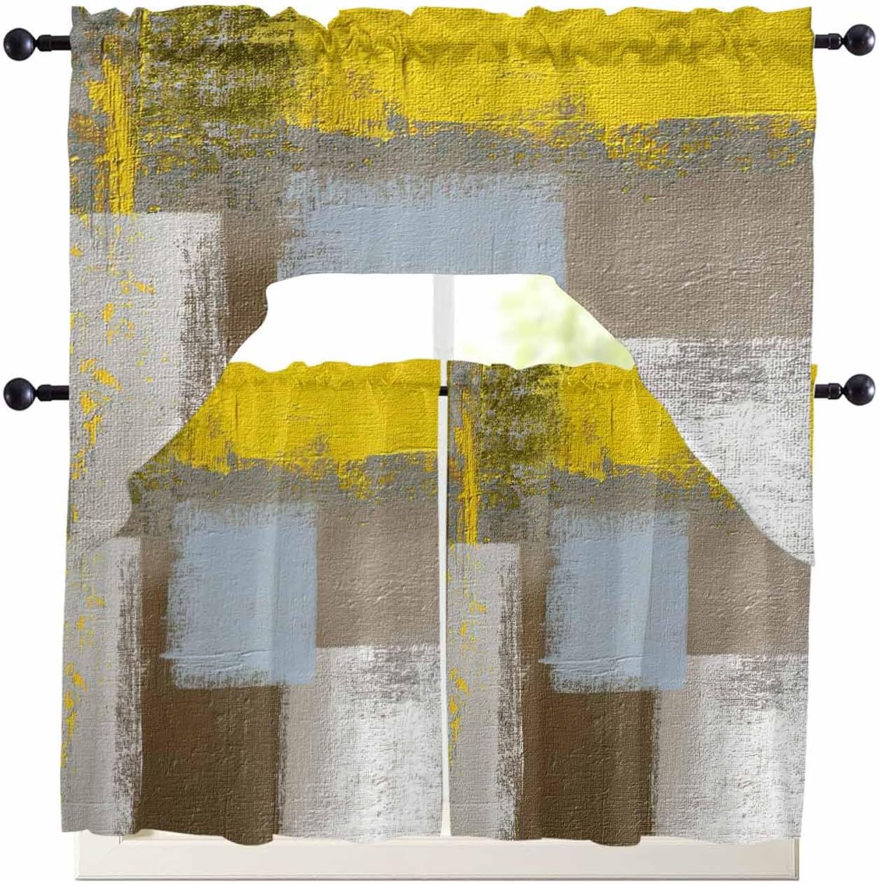 Modern Yellow Swag Kitchen Curtain Sets with Valance,3 Pieces Rod Pocket Curtain Drapes for Bedroom Bathroom Cafe Windows,Abstract Brown Beige Minimalist Art Decor 56''x36''&24''x27.5''x2Panels