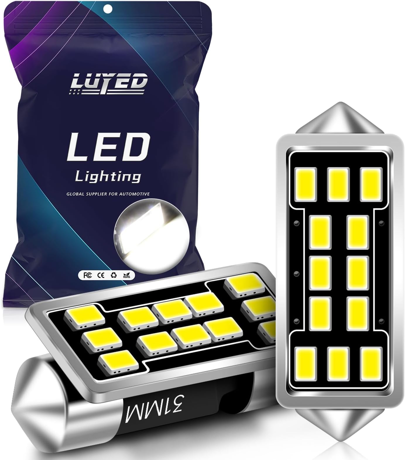 DE3175 DE3021 LED Dome Light Bulbs 640 Lumens Extremely Bright 3020 12-EX Chipsets 1.25 inches 31mm DE3022 3175 LED Bulbs for Interior Map Door Lights,Xenon White，Pack of 2