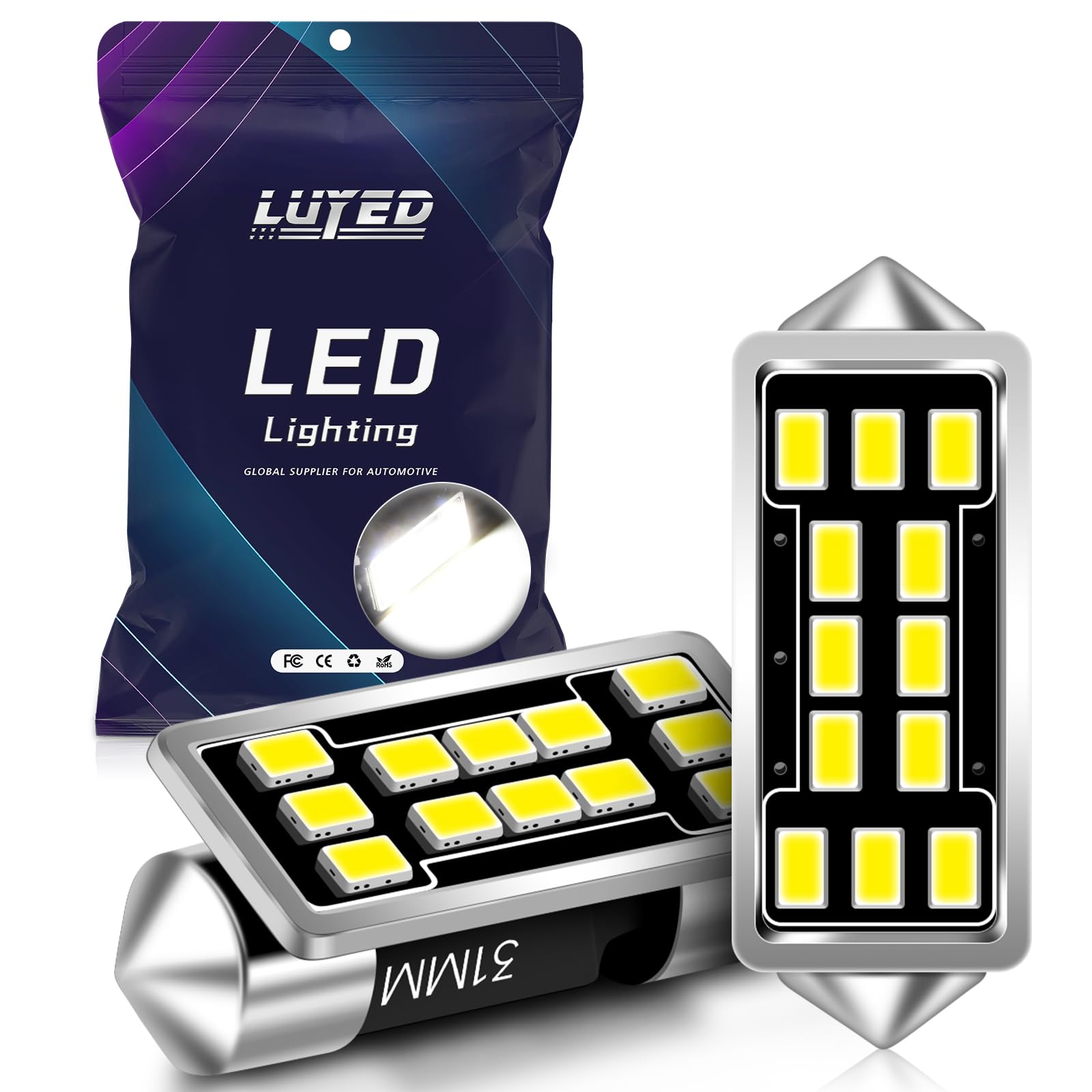 LUYED DE3175 DE3021 LED Dome Light Bulbs 640 Lumens Extremely Bright 3020 12-EX Chipsets 1.25 inches 31mm DE3022 3175 LED Bulbs for Interior Map Door Lights,Xenon White，Pack of 2