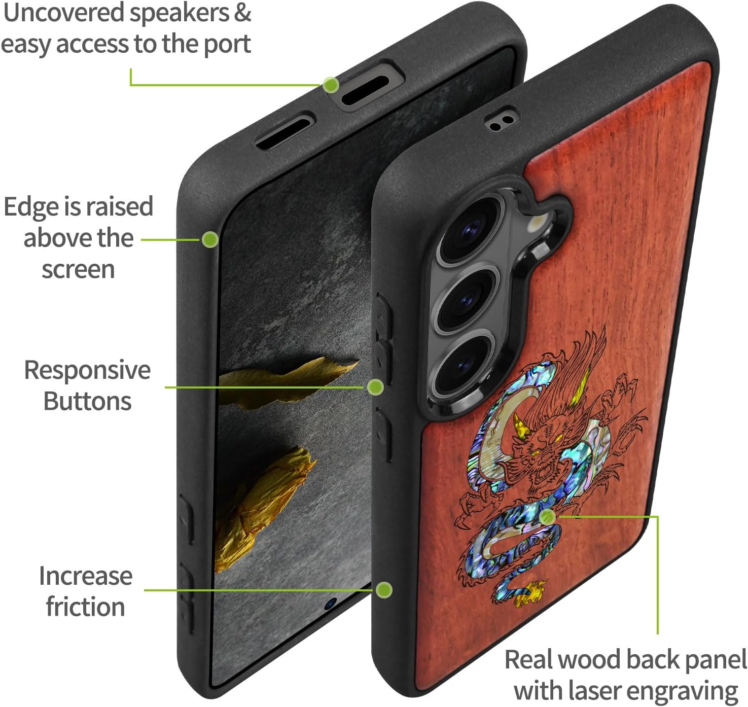 Carveit Magnetic Wooden Case for Samsung Galaxy S26 Case, Wood Artisan Engraved & Handmade Shell Inlaid, Compatible with MagSafe Wireless Chargers (The Oriental Dragon) Rosy