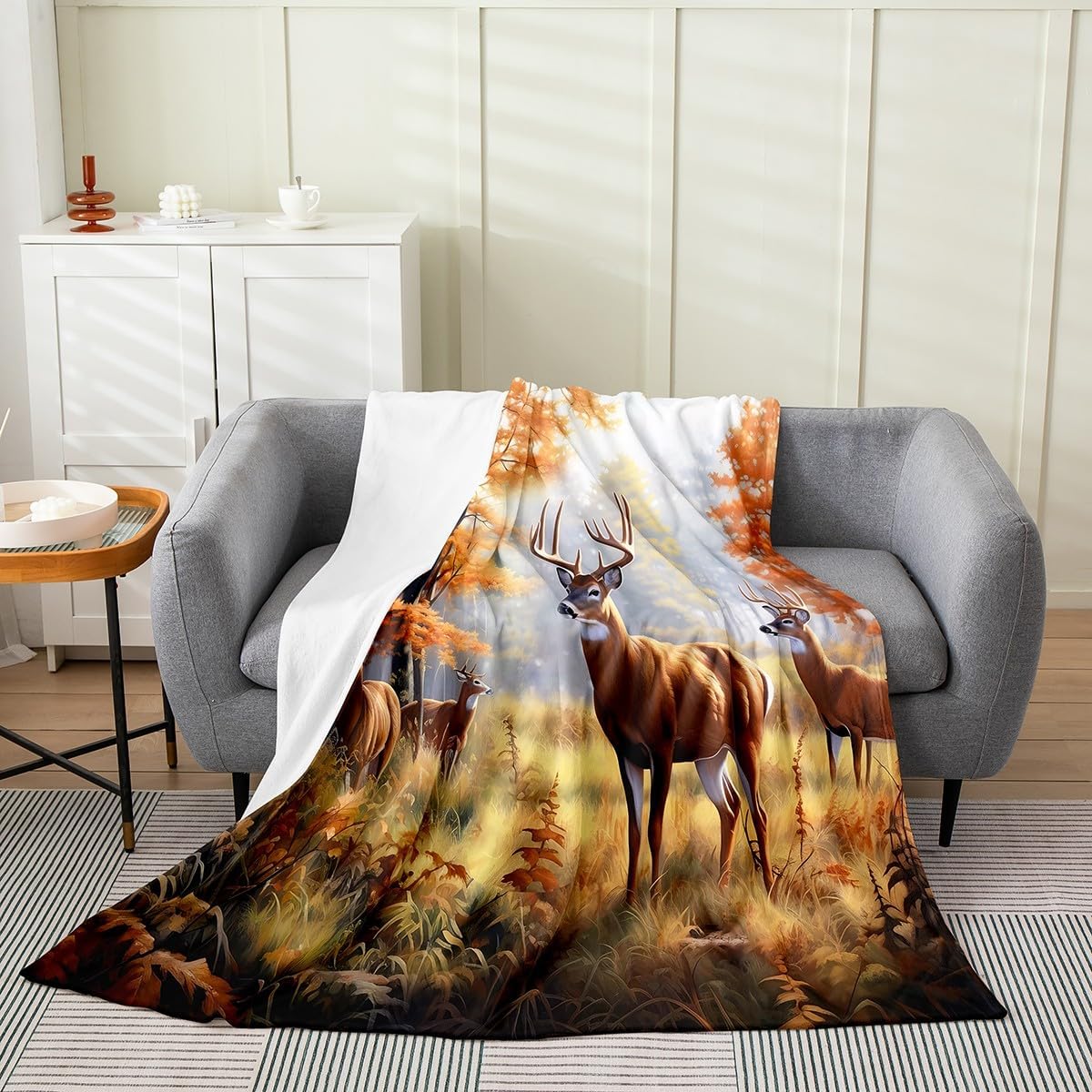 Feelyou Cute Deer Flannel Fleece Throw Blanket Kids Deer Hunting All Season Bed Blanket for Sofa Couch Teens Antlers Fuzzy Blanket Breathable Western Farmhouse Red Orange Plush Blanket Twin 60"x80"