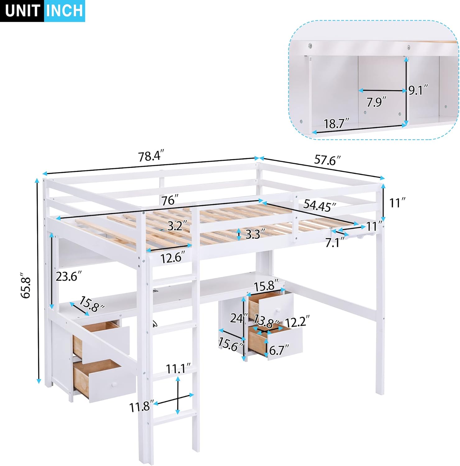 Full Size Loft Bed with Desk, Storage Cabinets, Drawers and Bedside Tray, Multifunctional Full Beds with Plug Outlets & 2 USB Port, White