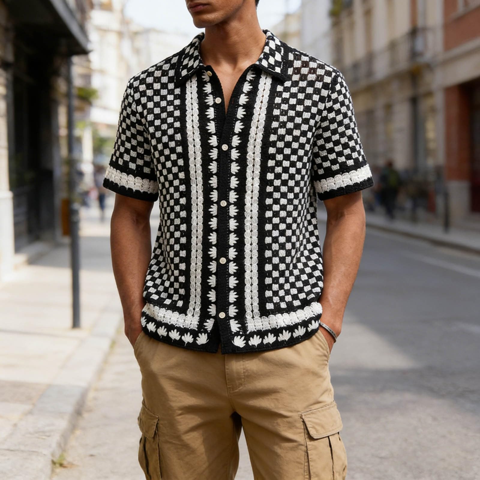Camicia da uomo a maniche corte, per il tempo libero, con scollo a V, con colletto a risvolto, a righe, hawaiana, da spiaggia, da spiaggia