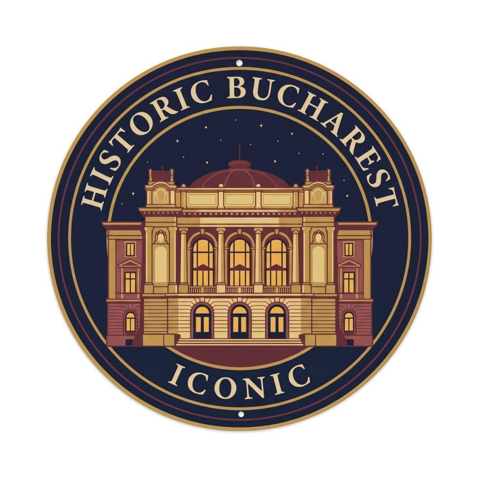 Classic Bucharest City Building Iconic Scenic Landmark Metal Tin Sign Plaque Wall Decor for Cafe, Man Cave, Club Bar, Office, Home Garden Round Metal Poster 8x8Inch