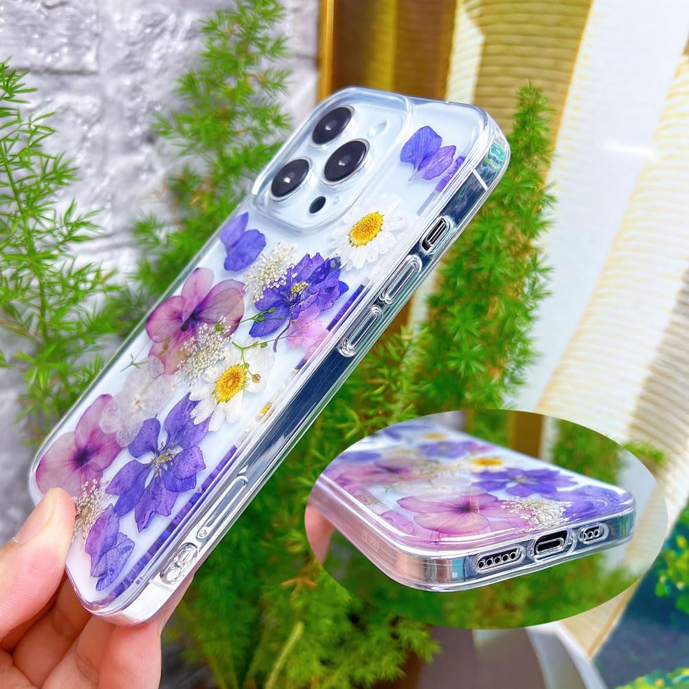 Abbery for iPhone 15 Pro Case Clear with Purple Pressed Flower Design Cute Soft TPU Real Dried Floral Daisy Aesthetic Protective Shockproof Women Girl's Phone Cover for iPhone 15pro(Purple Flower) - Image 6
