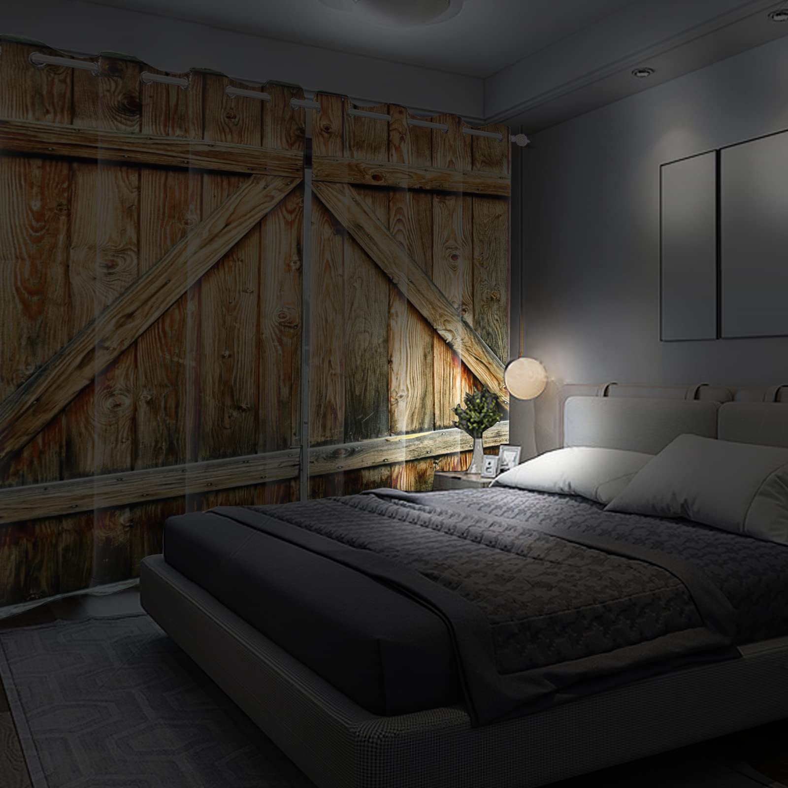 107x215cm Rideaux de fenêtre en Bois de Campagne Rustique en Bois Marron Porte de Grange Rideaux Ferme Occidentale Traitement fenêtre pour Salon Chambre décor Rideau occultant, 2 Panneaux