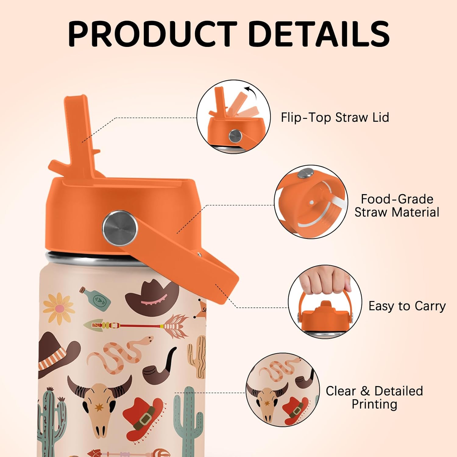 Western Cowgirl Water Bottle for Son & Daughter, Stainless Steel Insulated Tumbler for Home with with straw lid and handle, 12oz Reusable Leak-proof Bottle for Sports - Image 2
