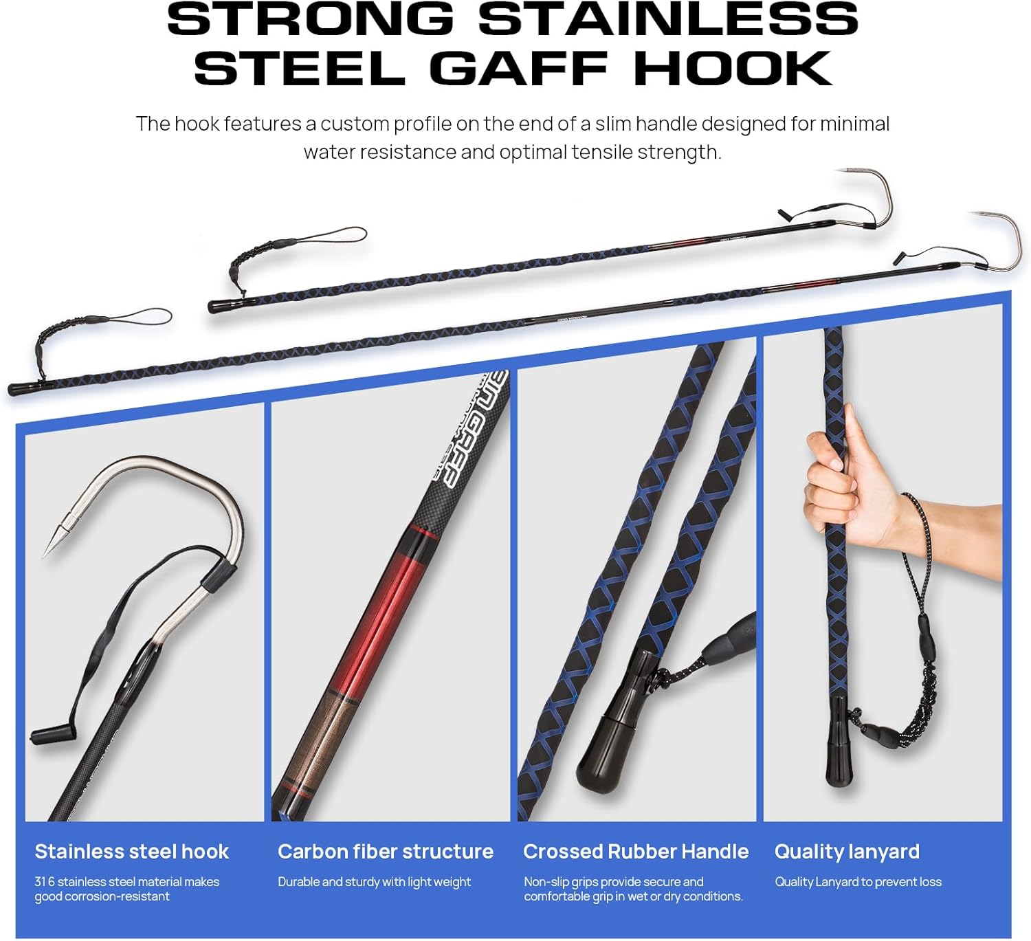 Fishing Gaff Saltwater Fish Gaff with S316 Stainless Steel Fishing Hook Carbon Fiber Fishing Gaff