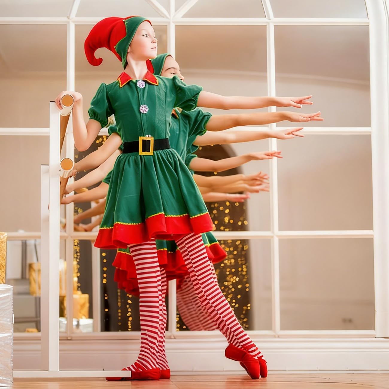 WFKKMEQ Green Christmas Elf Costume, Santa Helper Cosplay Set, 4 Piece Xmas Elf Outfit, Christmas Fancy Dress - Image 4