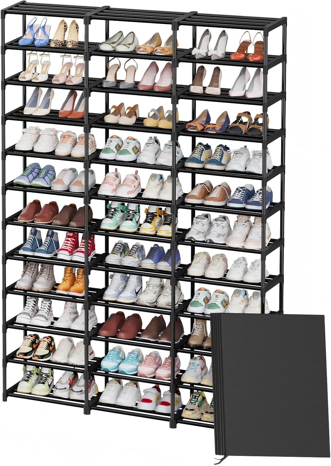 72 Pairs Large Capacity Shoe Rack with Cover, 12 Tiers 3 Row Tall Metal Shoe Shelf Organizer, Sturdy Stackable Storage for Entryway Closet Bedroom, Black