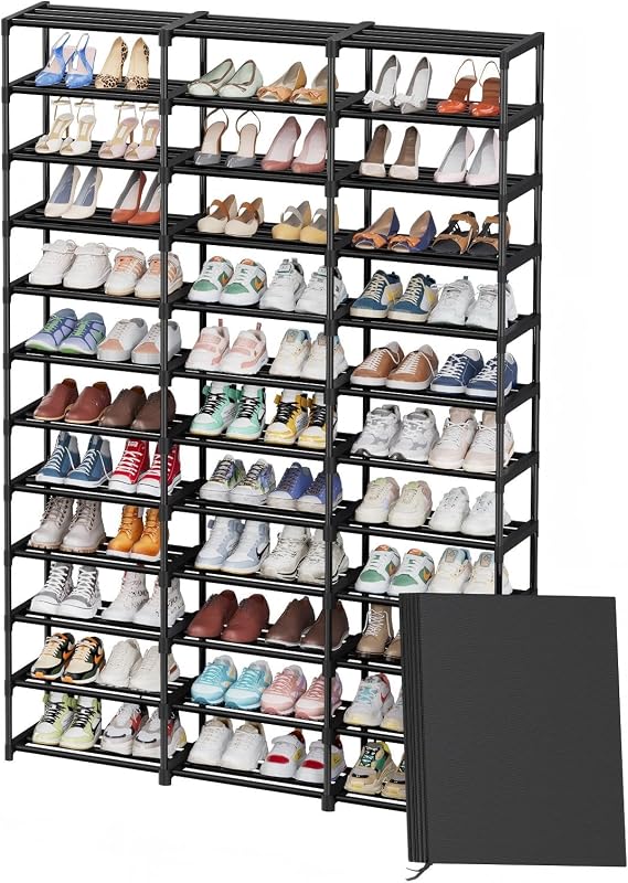 Ekisemio 12-Tier Tall Shoe Rack with Covers – Holds 72 Pairs, Large Capacity Vertical Shoe Organizer – Space-Saving Storage for Closet, Entryway, Bedroom