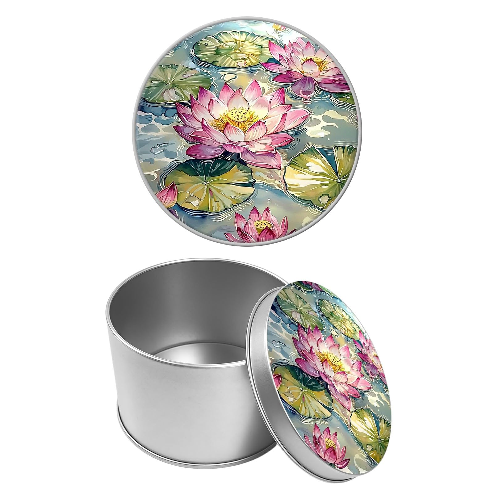 Round Metal Tin Container with Removable Lid, Pink Lotus Durable Metal Storage Box for Cookies Spices Tea Candies Cakes Jewelry Cosmetics 3.54 x 2.36 inch– Single Pack