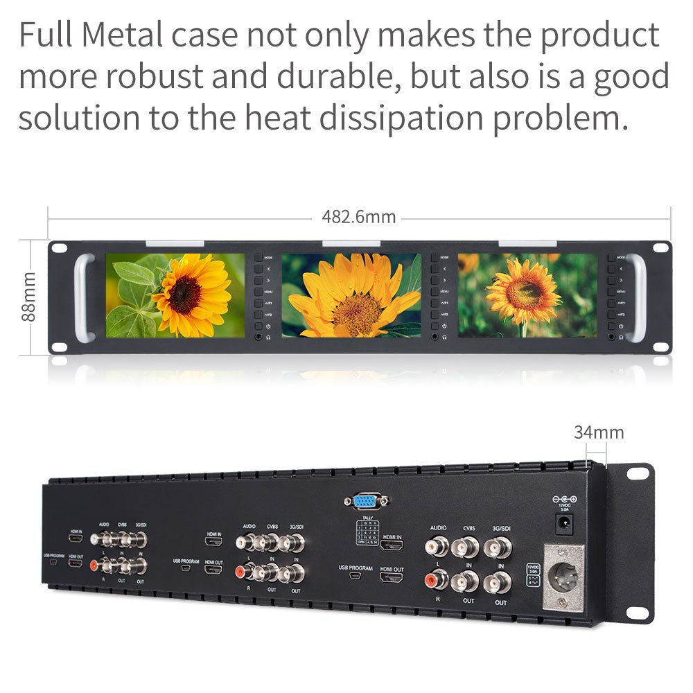 FEELWORLD T51 Triple 5 inch 2RU Broadcast SDI Rack Mount Monitor LCD 800×480 3G SDI HDMI AV Input and Output