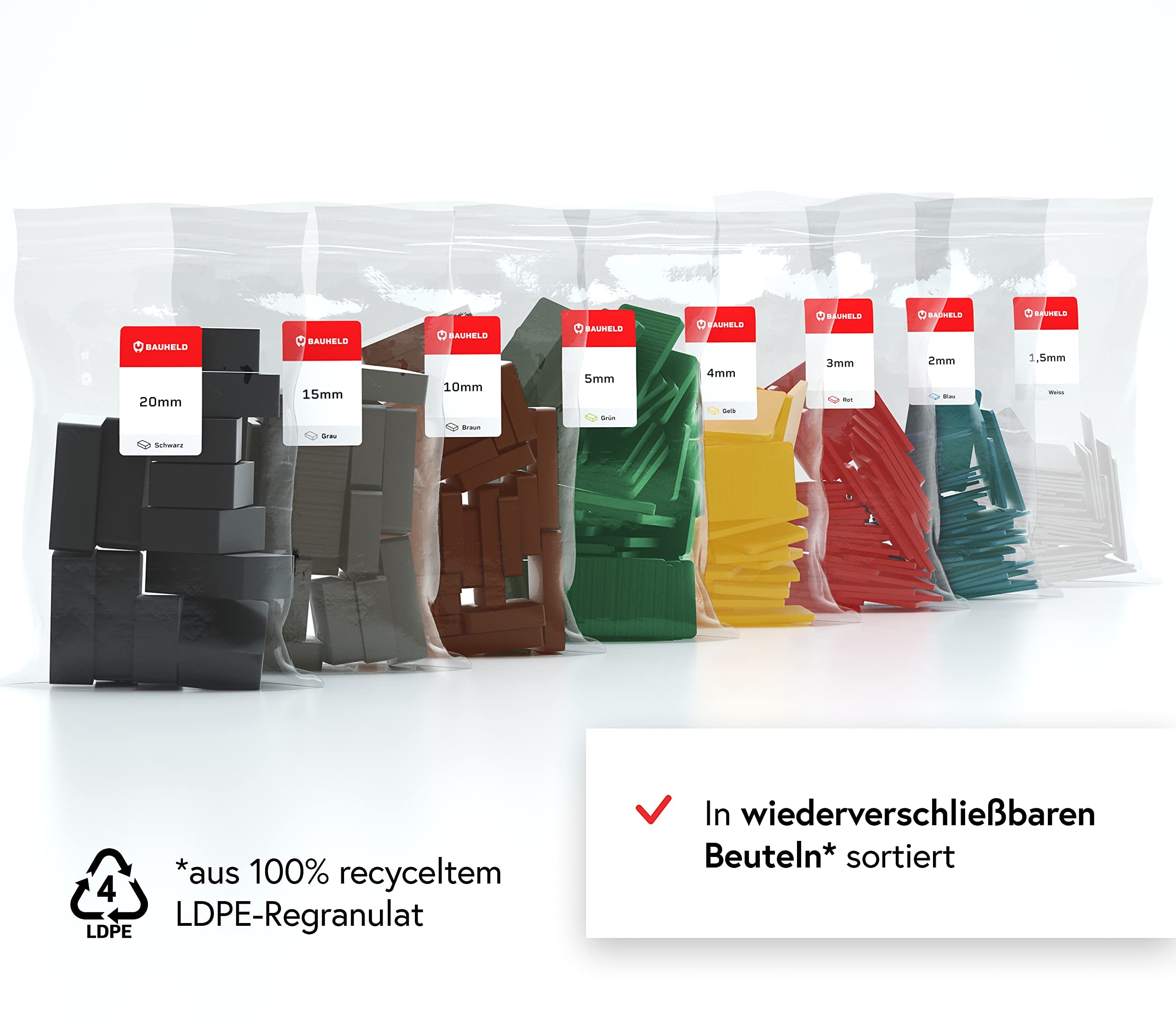 BAUHELD Universal Unterlegplatten 60x40 - Set [160 Stück] - Made in Germany - Rutschfeste Abstandshalter aus Kunststoff - Als Unterlegkeile, Kunststoffplatte, Fliesenkeile oder Verglasungsklötze