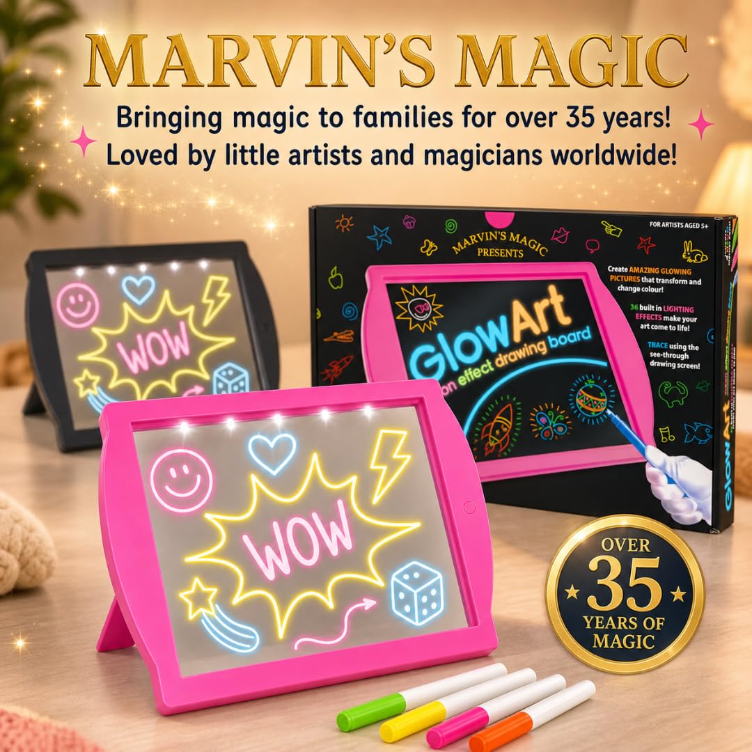 Marvin's Magic Niesamowity świecący tablet do rysowania dla dzieci - zestaw artystyczny dla dzieci - zawiera tablicę kreślarską z efektem neonu z wbudowanym stojakiem i 4 fluorescencyjnymi magicznymi