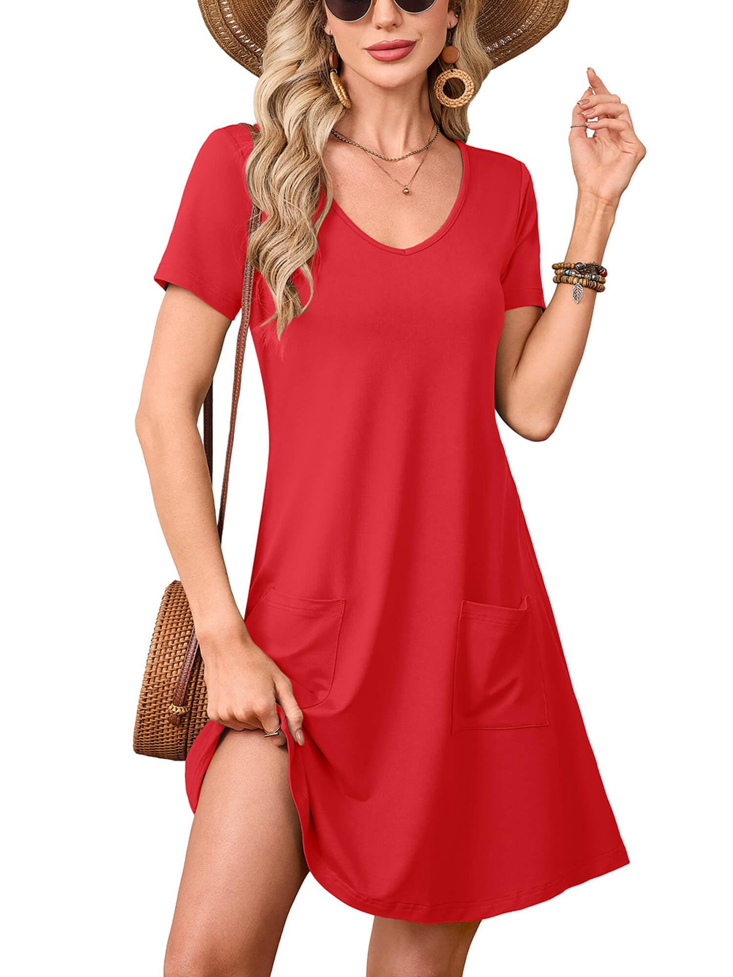 Heymoments Summer Dresses for Women Short Sleeve V Neck Swing Sundress Casual A-Line Flowy Dress with Pockets S-2XL