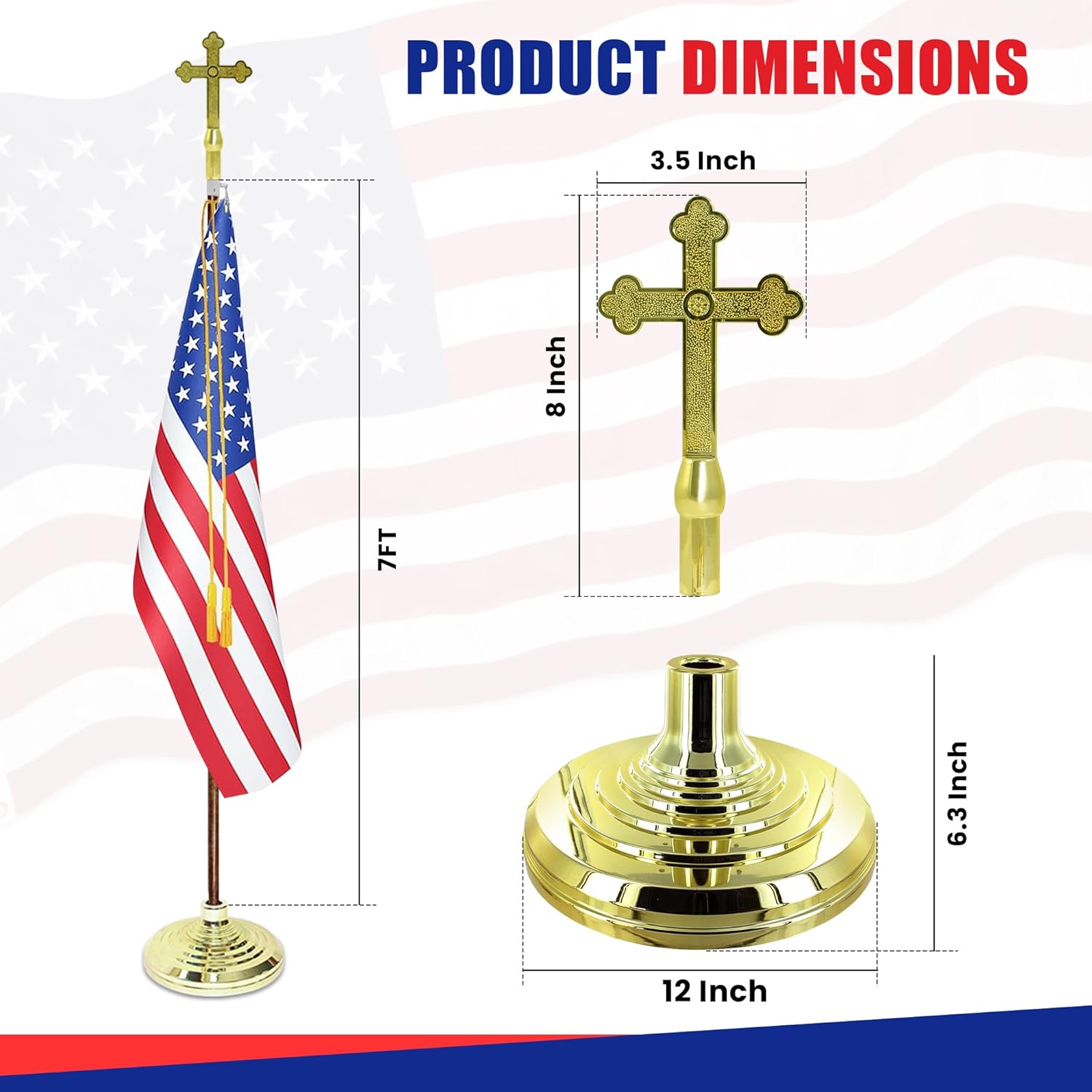Super Tough Indoor Flag Pole kit 7ft - Plastic Cross - Gold Texture Base - Aluminum Flagpole with Brass Finish - Heavy Duty Inside House Flagstaff - Interior Shaft and Stand - No Ensign Included