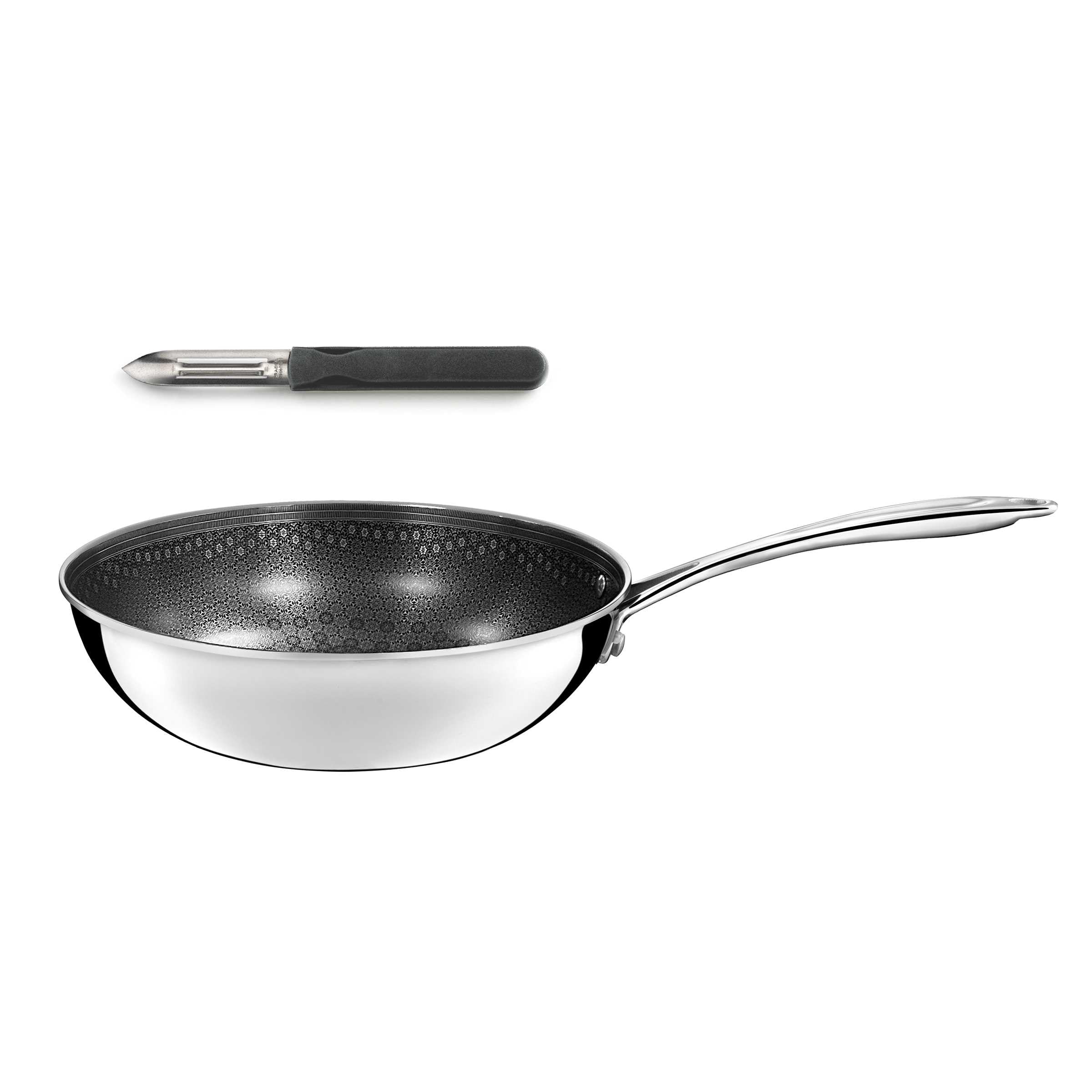 CUISINOX - Virtuo - Wok 24 cm i szara obieraczka - Triply, nieprzywierająca powłoka o strukturze plastra miodu - Kompatybilny ze wszystkimi kuchenkami indukcyjnymi - Wykończenie satynowe - Bez PFOA i