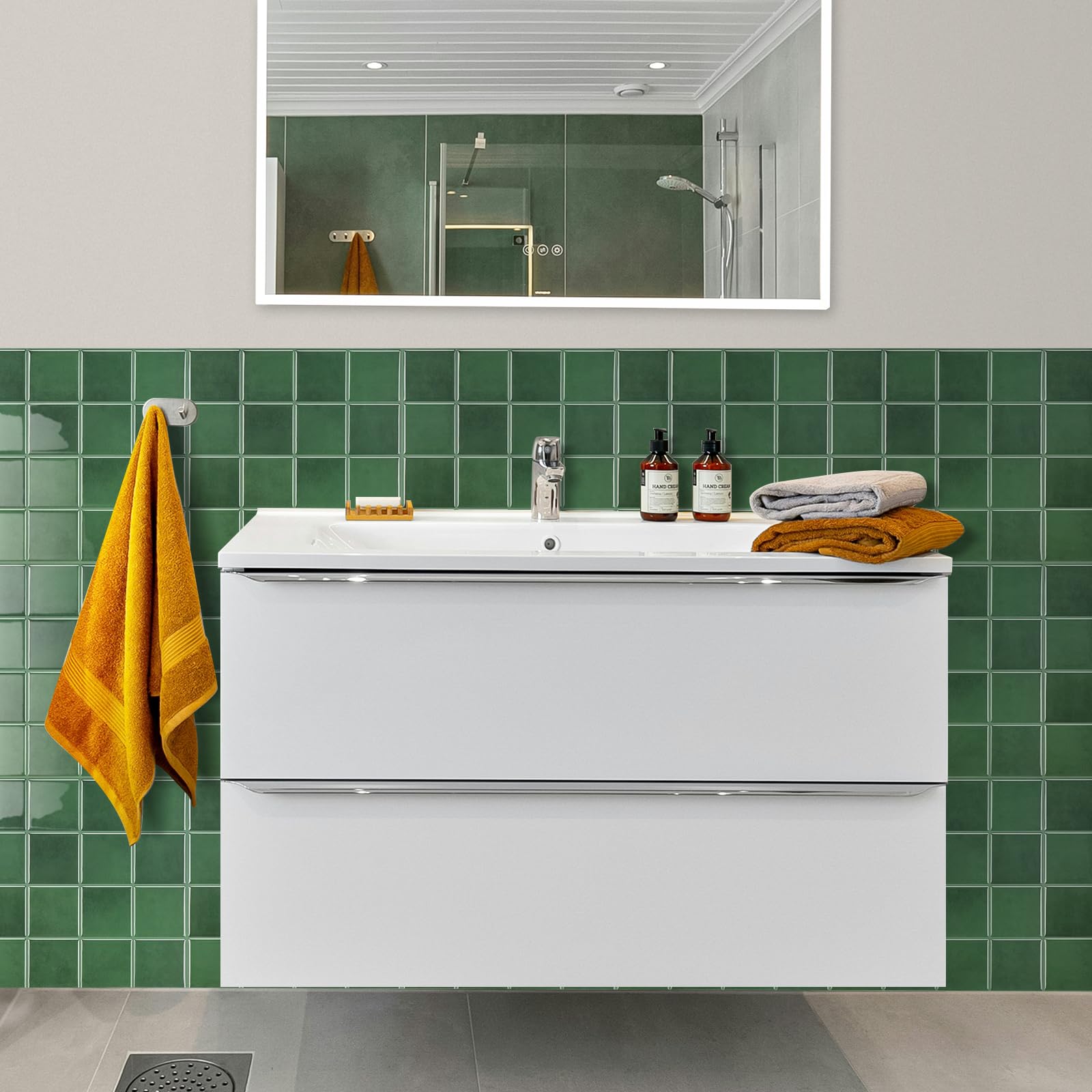 Cuadrado Azulejos Adhesivos Cocina, 3D Azulejo Autoadhesivo Impermeable para Cocina y Baño, Mosaico Vinilo Adhesivo Pared, 10 Unidades Verde Decorativos para Pared Adhesivo (22,9x22,9 cm)