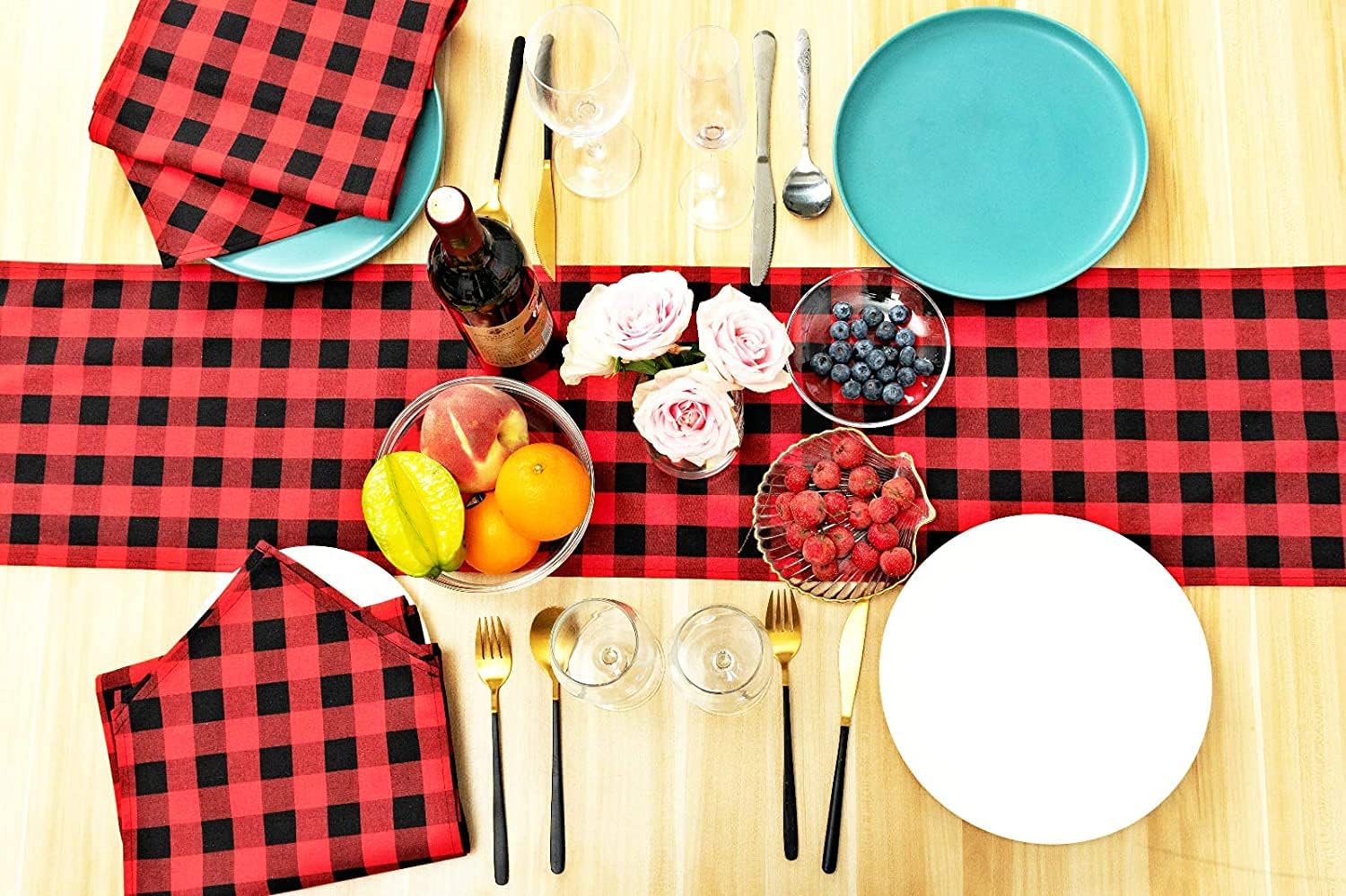 8 Pack Buffalo Check Table Runners Plaid Table Runner for Christmas Dinner, Lumberjack Party, Outdoor or Indoor Gatherings Table Home Decorations (Red & Black, 72inches)