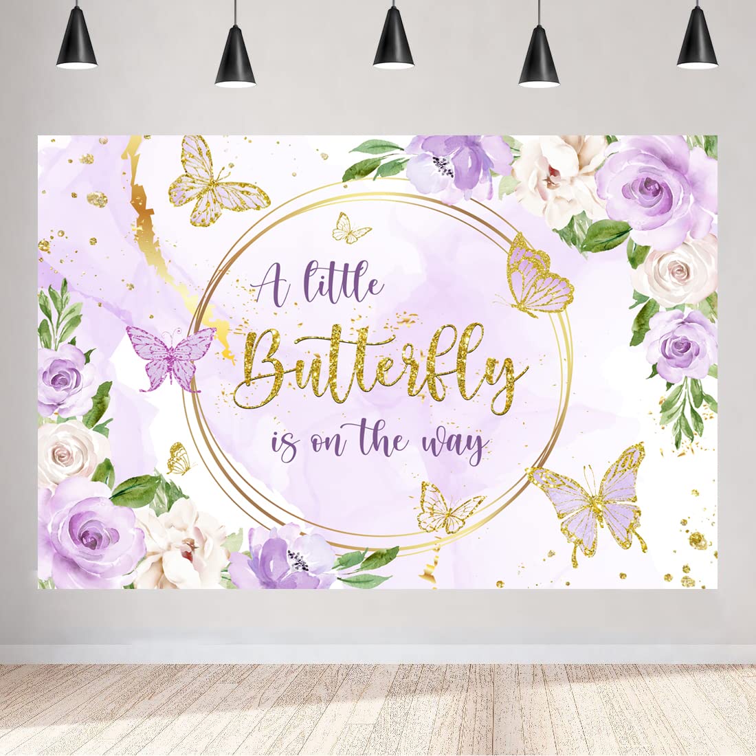 Aperturee 5x3ft Butterfly Baby Shower Backdrop A Little Butterfly is on The Way Photo Purple Floral Flowers Gold Spots Photography Background Princess