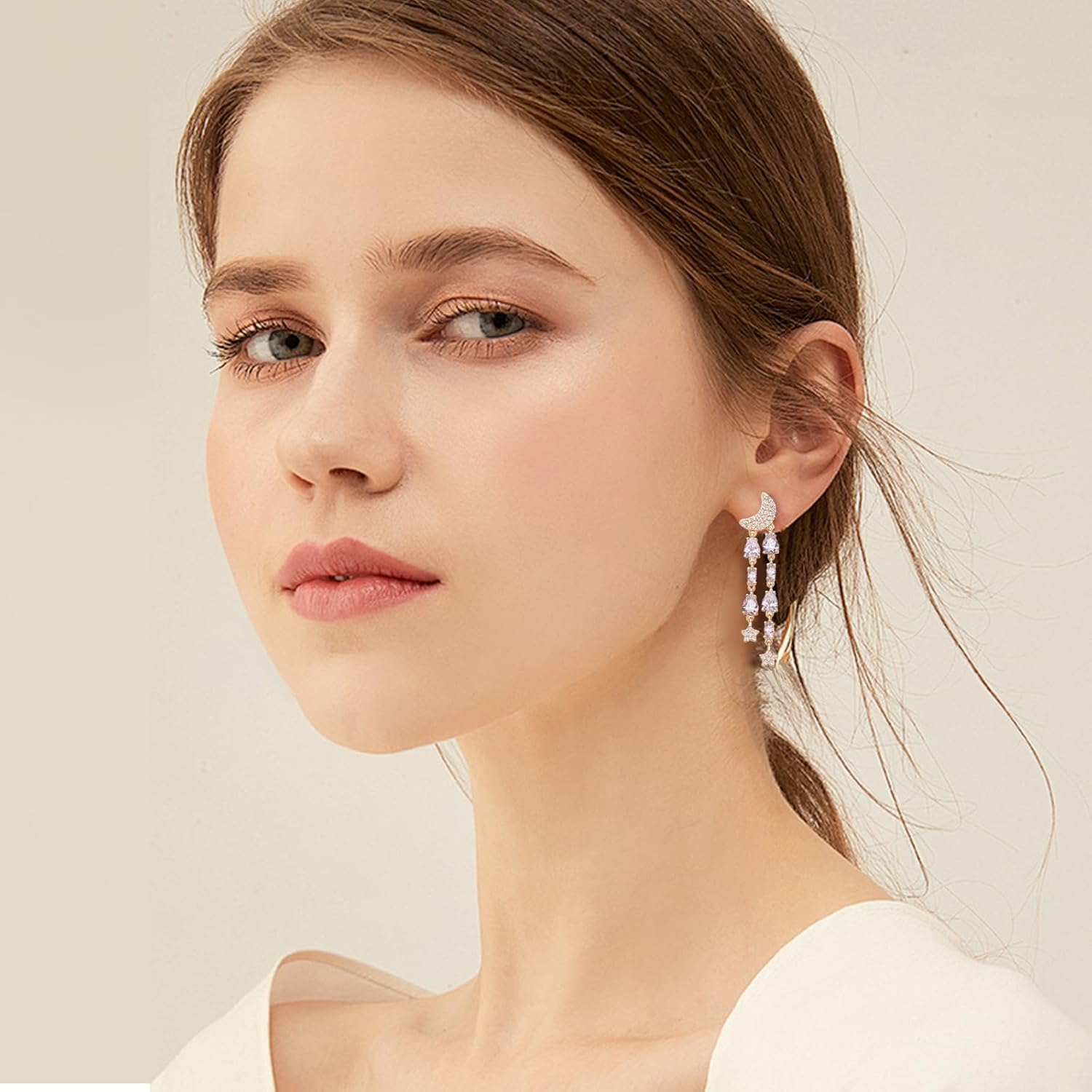 Crystal Teardrop Dangle Tassel Earrings for Women Wedding Earrings for Brides,Fancy Purple Green Cubic Zirconia Rhinestone Dangling Moon and Star Earrings for Prom Party - Image 3