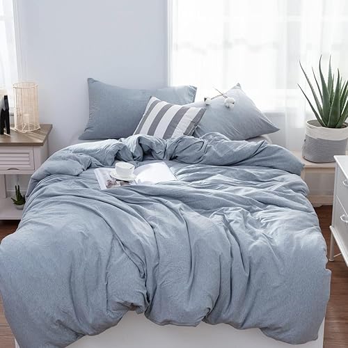 Miniatura 4 de LIFETOWN Juego de funda de edredón de 100 % algodón de punto jersey, ultra suave, sin arrugas (azul gris, California King)
