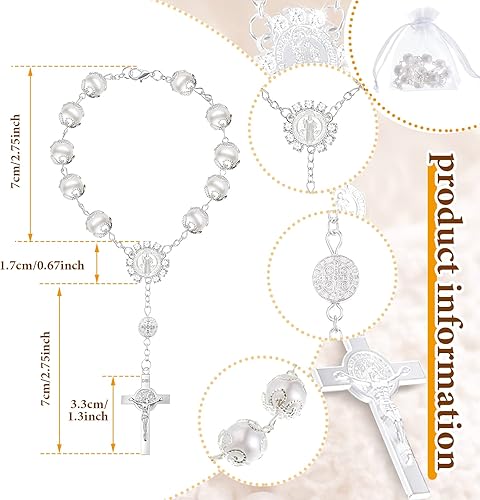 Miniatura 2 de MTLEE Mini pulsera de bautismo con rosario para niños, niñas y mujeres, recuerdos de bautizo con bolsas de organza, cuentas de oración para